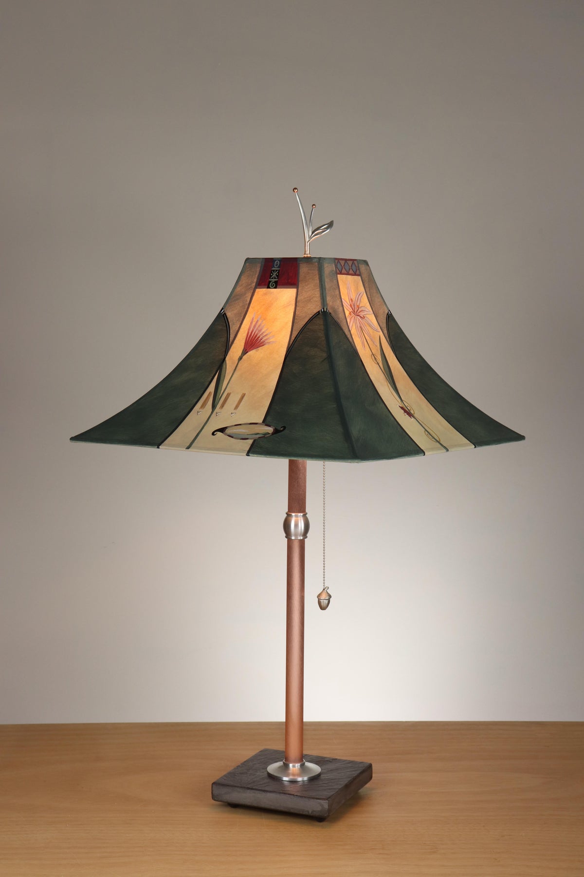 Janna Ugone &amp; Co Table Lamp Copper Table Lamp on Wood with Large Pagoda Shade in Perennial Spruce