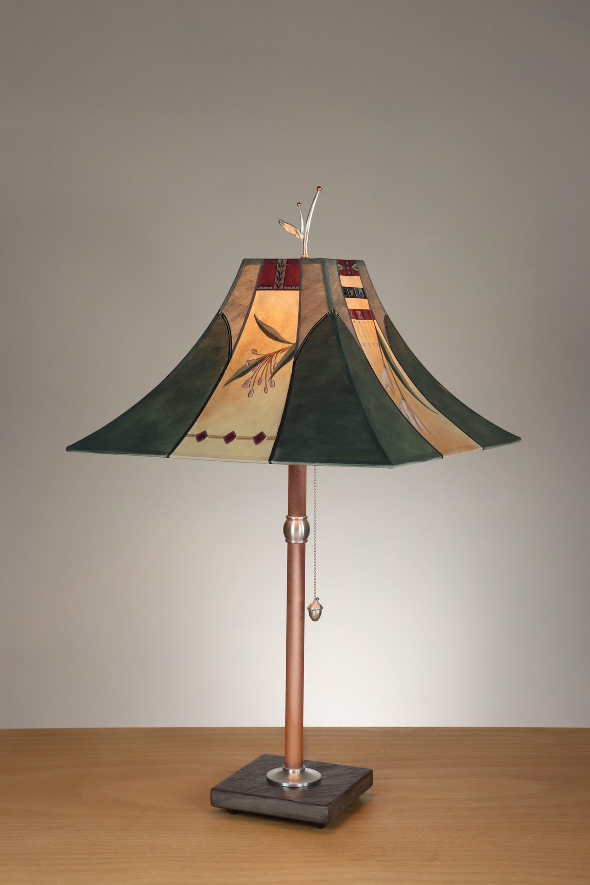 Janna Ugone &amp; Co Table Lamp Copper Table Lamp on Wood with Large Pagoda Shade in Perennial Spruce