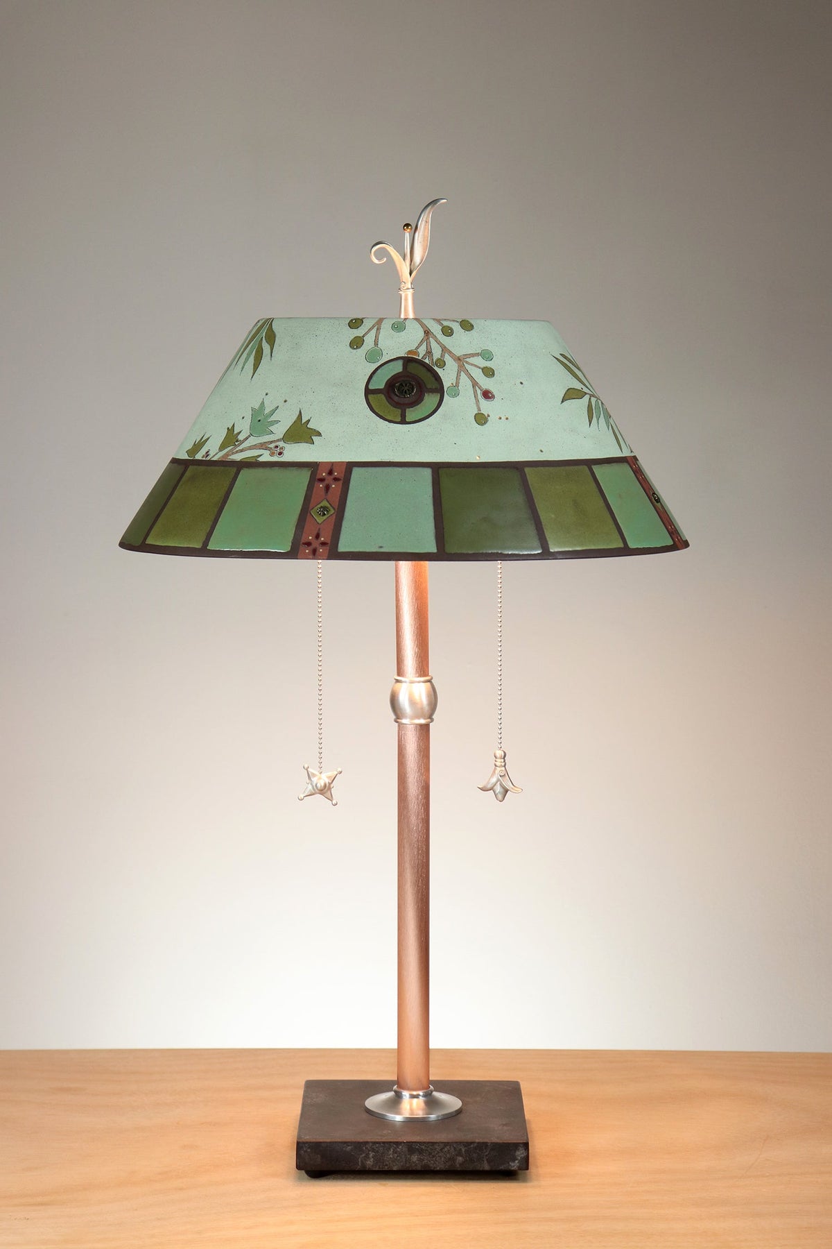 Janna Ugone &amp; Co Copper Table Lamp with Ceramic Bouillotte Shade in Lucca Tile in Seaglass