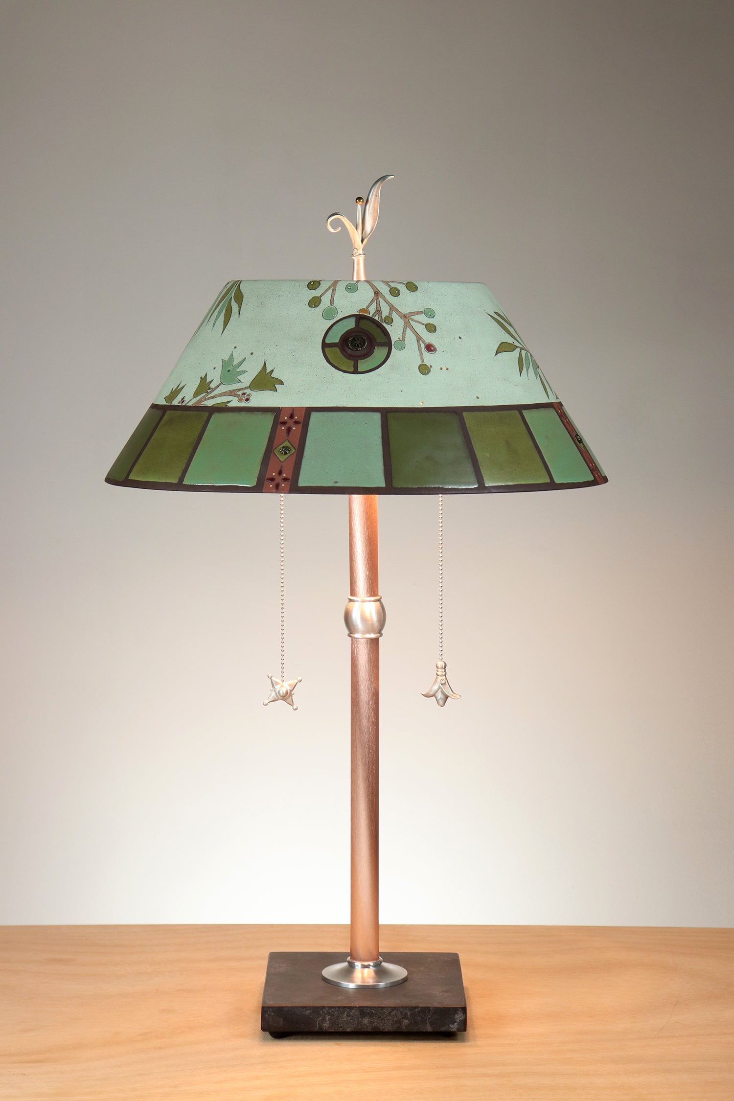 Janna Ugone & Co Copper Table Lamp with Ceramic Bouillotte Shade in Lucca Tile in Seaglass