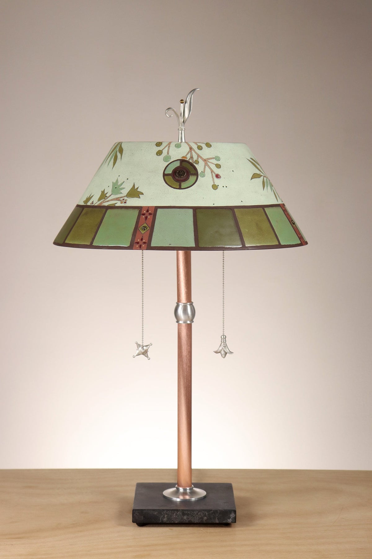 Janna Ugone &amp; Co Copper Table Lamp with Ceramic Bouillotte Shade in Lucca Tile in Seaglass