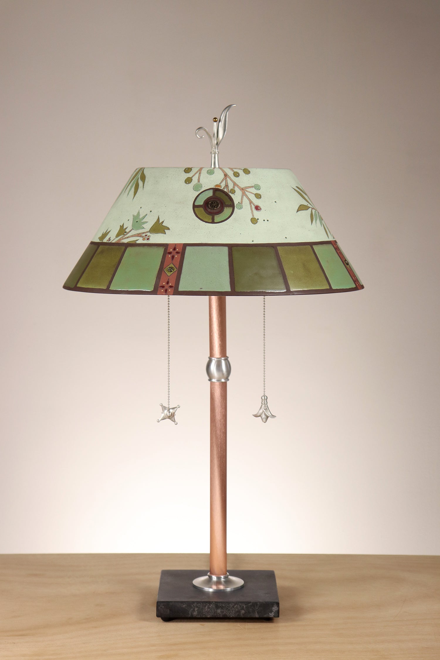 Janna Ugone & Co Copper Table Lamp with Ceramic Bouillotte Shade in Lucca Tile in Seaglass