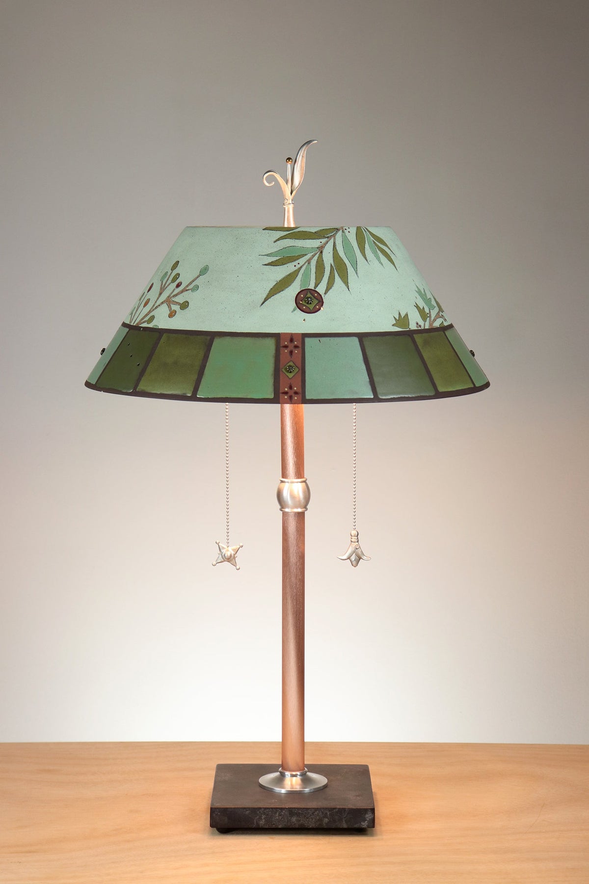 Janna Ugone &amp; Co Copper Table Lamp with Ceramic Bouillotte Shade in Lucca Tile in Seaglass