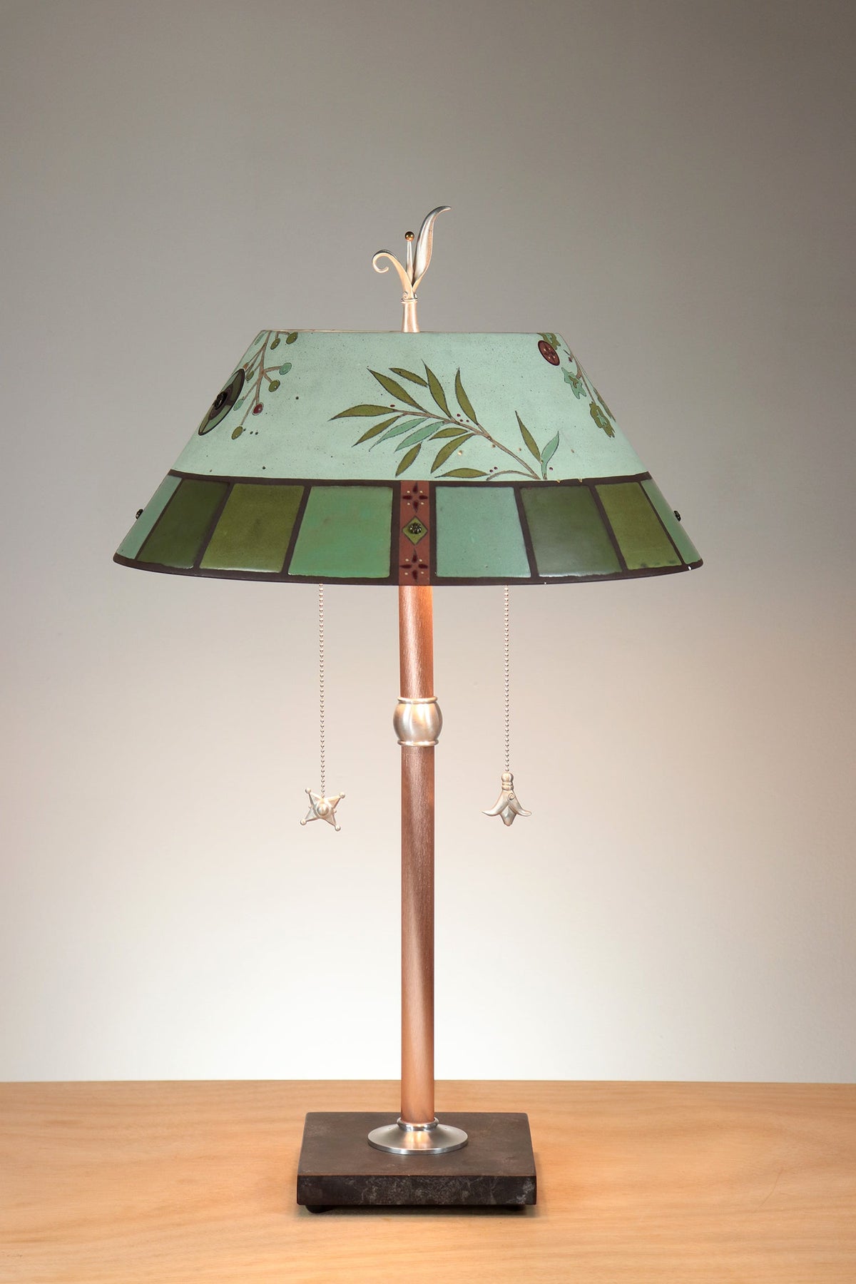 Janna Ugone &amp; Co Copper Table Lamp with Ceramic Bouillotte Shade in Lucca Tile in Seaglass