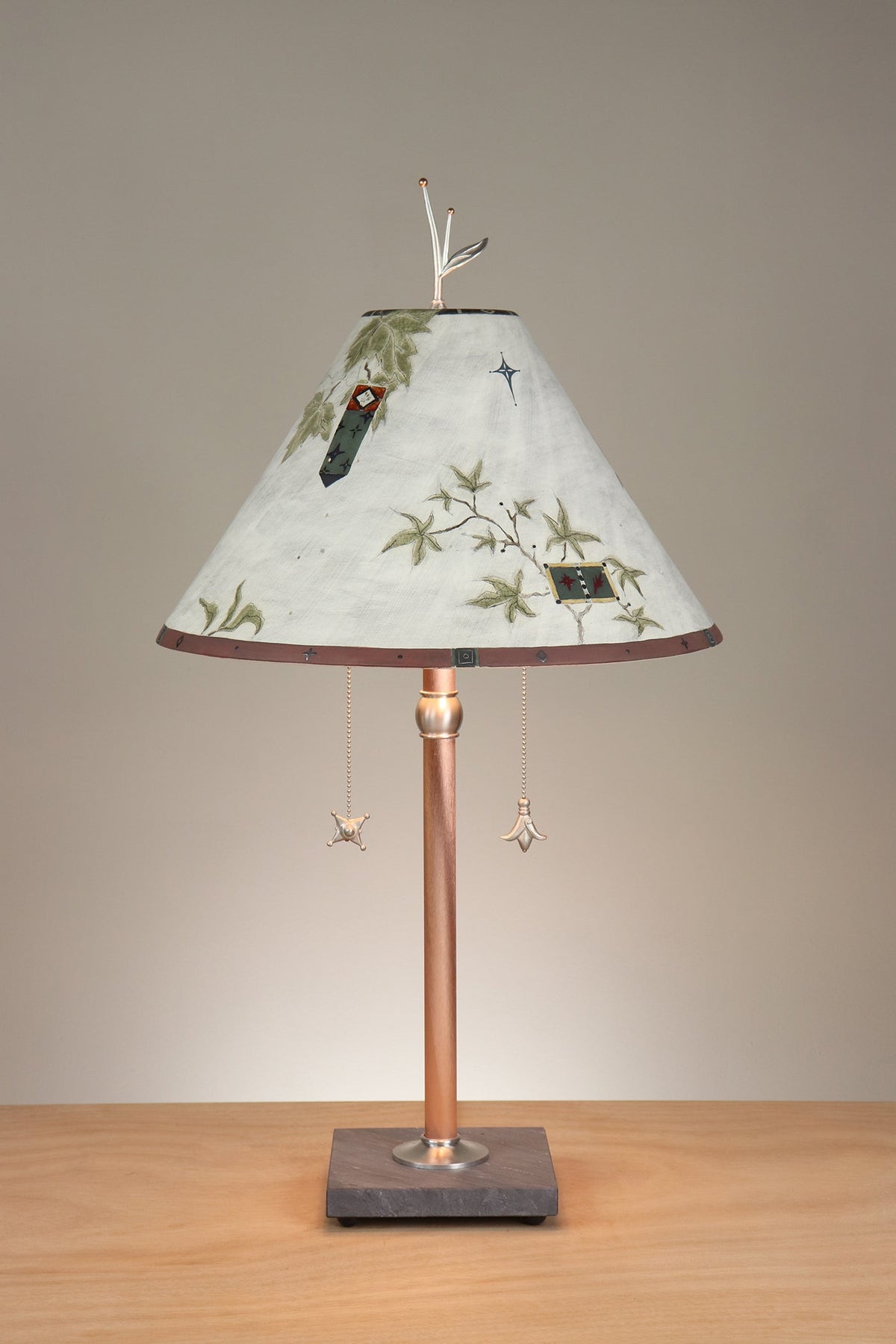 Janna Ugone &amp; Co Floor Lamp Copper Table Lamp with Large Conical Ceramic Shade in Architectural Details in Moss