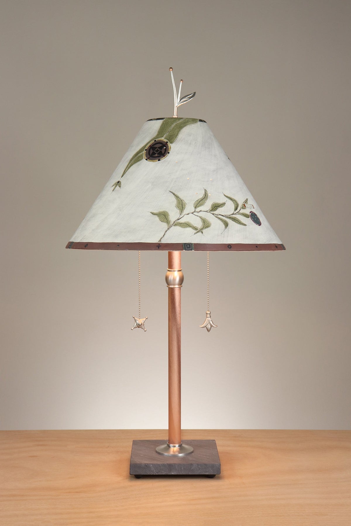 Janna Ugone &amp; Co Floor Lamp Copper Table Lamp with Large Conical Ceramic Shade in Architectural Details in Moss