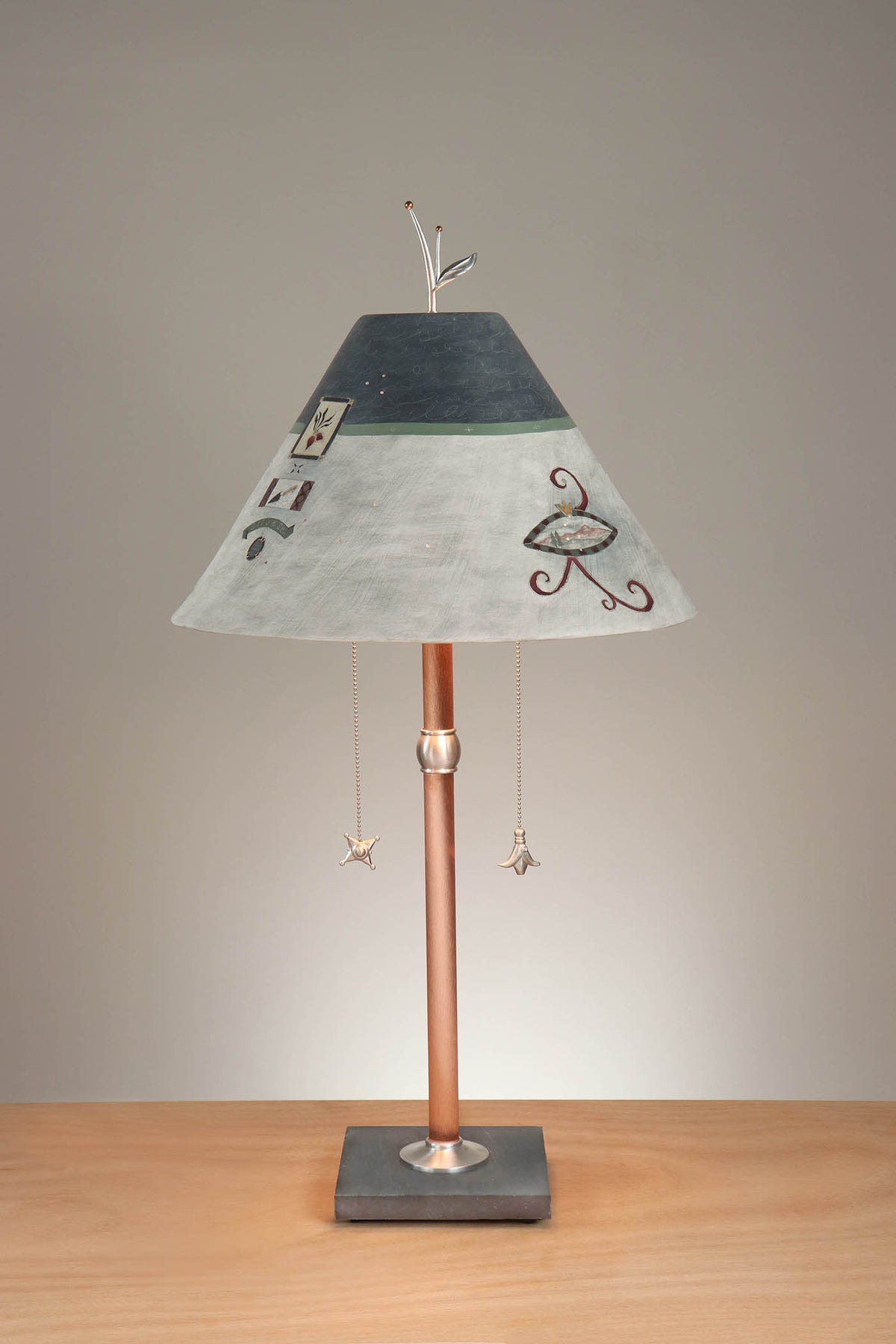 Janna Ugone &amp; Co Floor Lamp Copper Table Lamp with Large Conical Ceramic Shade in Journal Drawings in Indigo