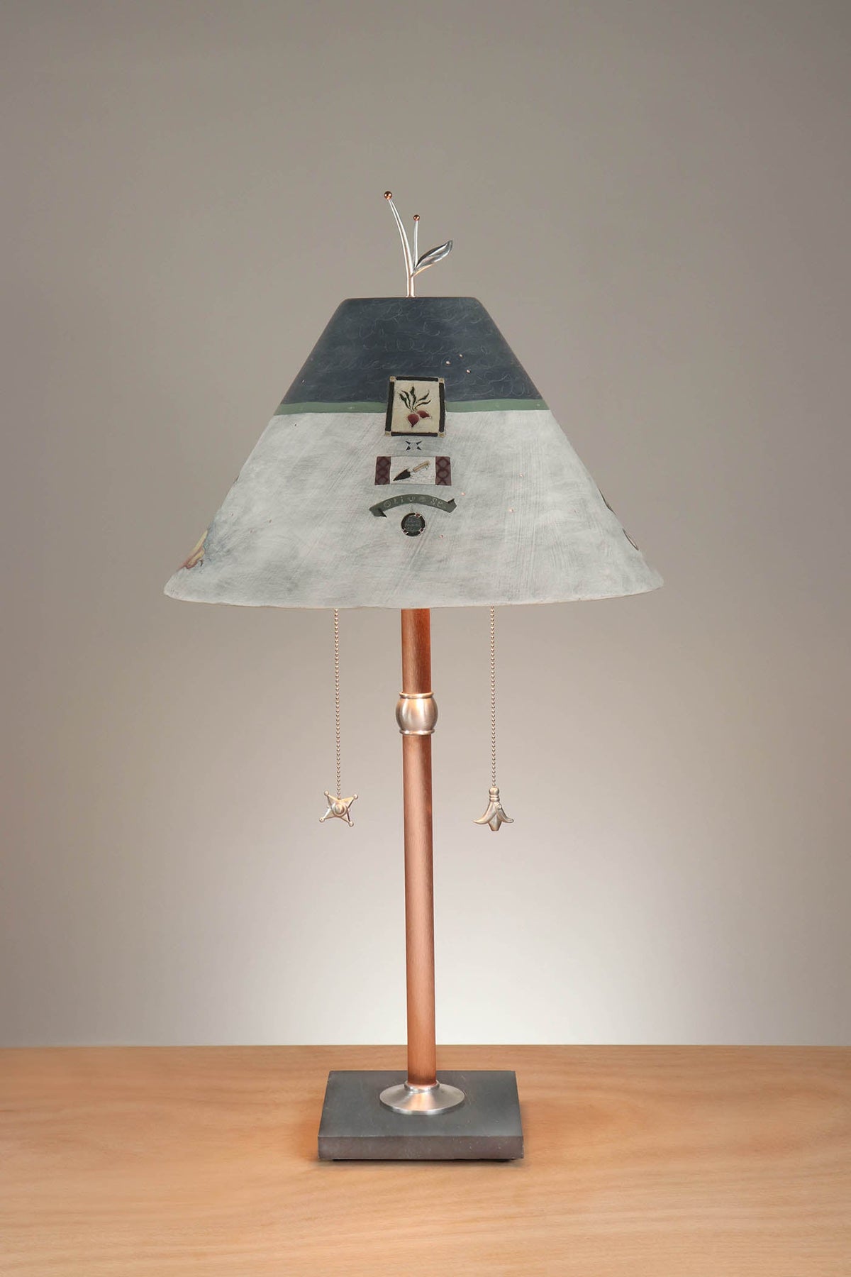 Janna Ugone &amp; Co Floor Lamp Copper Table Lamp with Large Conical Ceramic Shade in Journal Drawings in Indigo