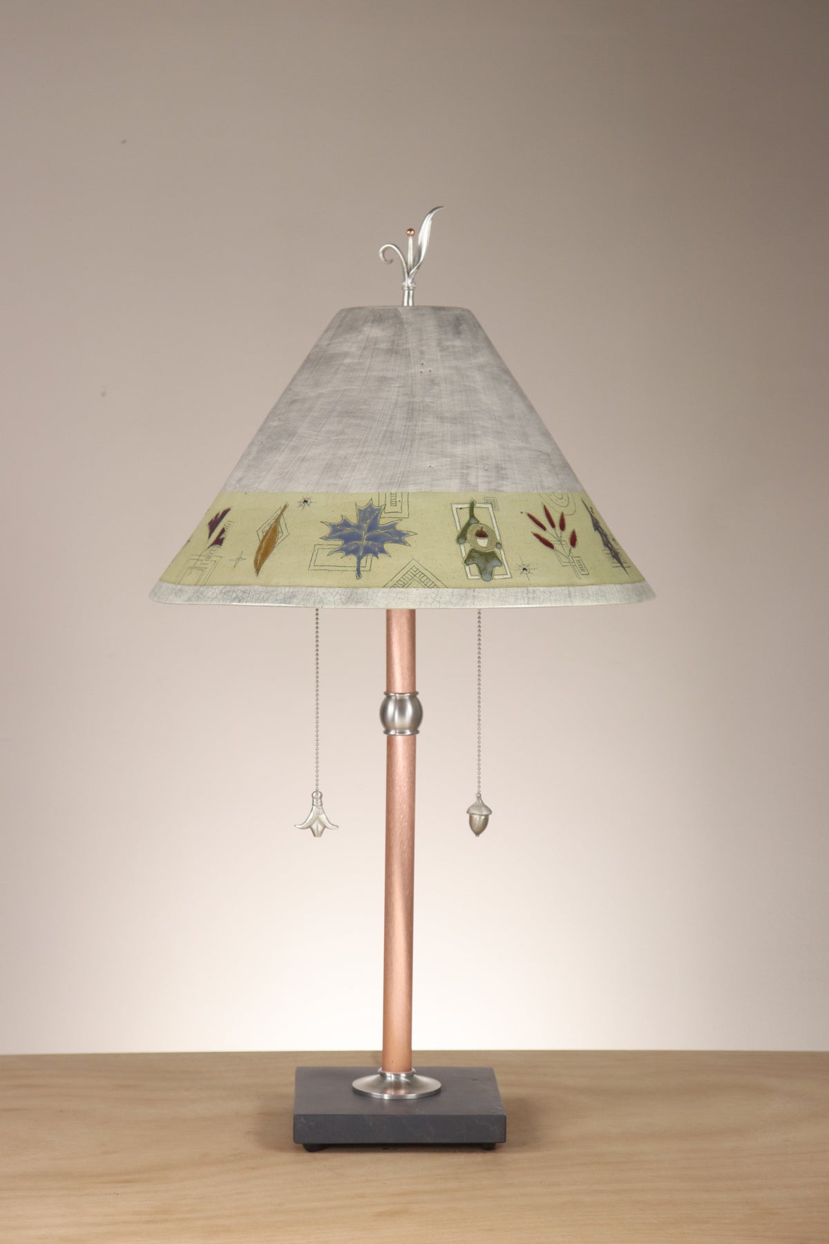 Janna Ugone &amp; Co Copper Table Lamp with Large Conical Ceramic Shade in Leaf Border in Ash
