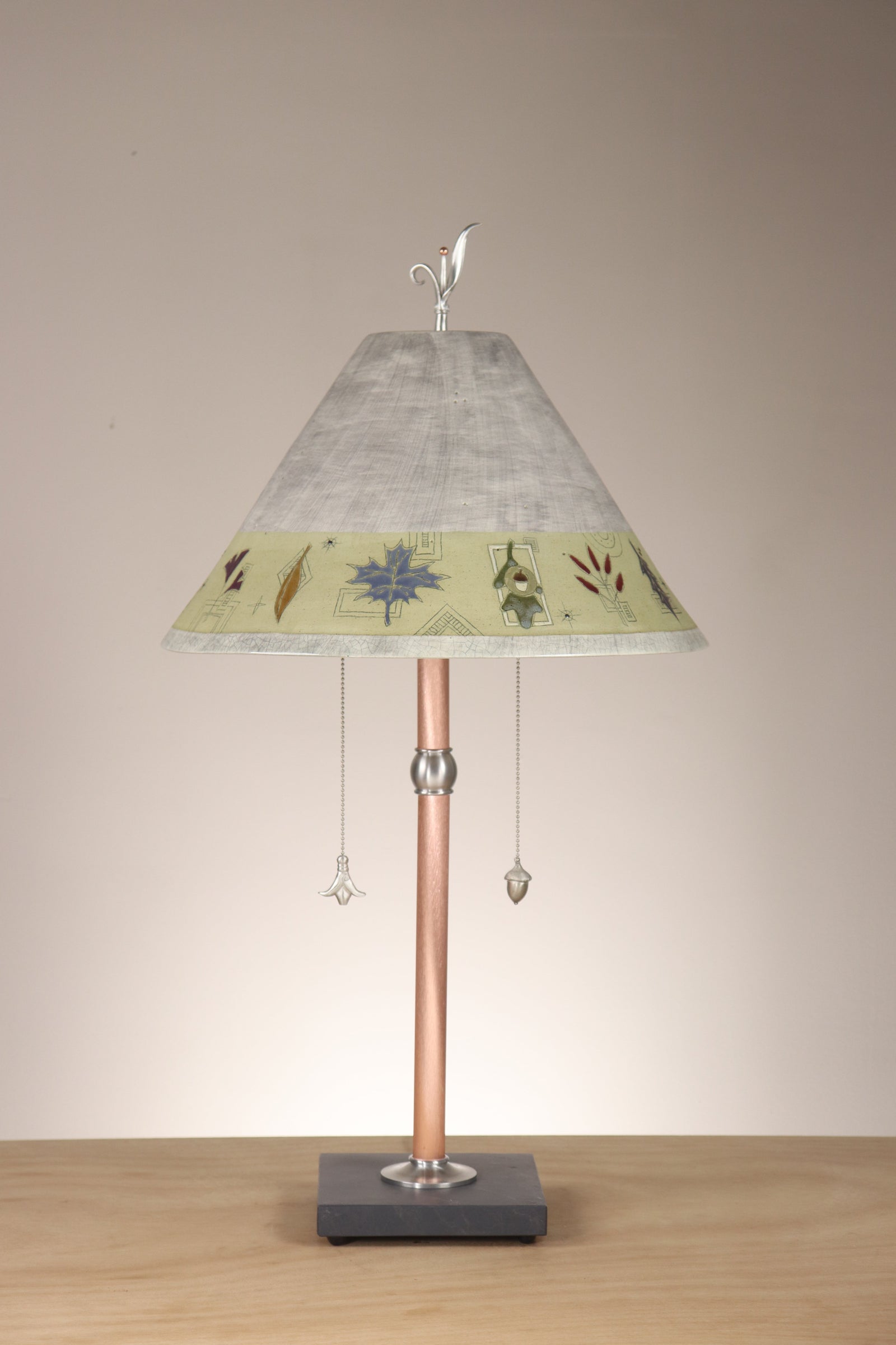 Janna Ugone & Co Copper Table Lamp with Large Conical Ceramic Shade in Leaf Border in Ash