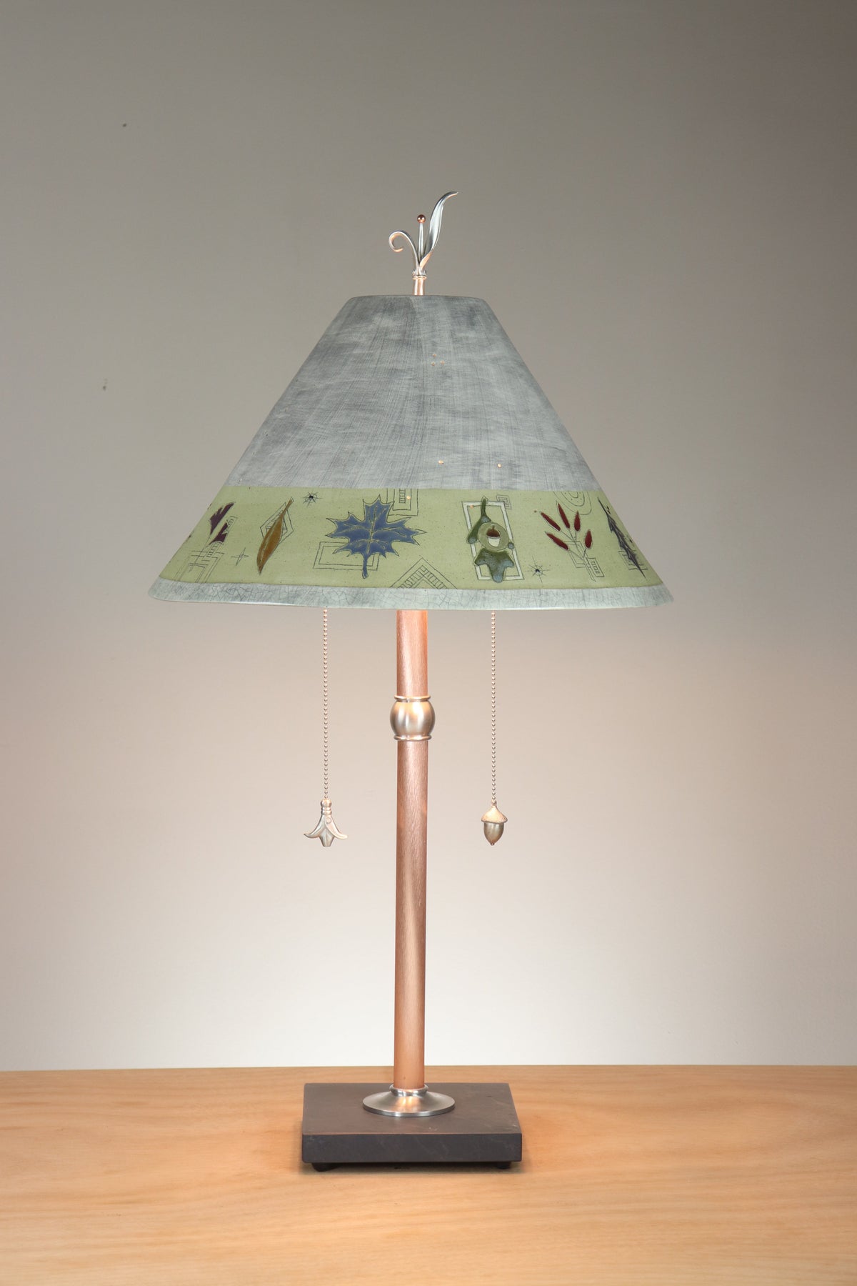 Janna Ugone &amp; Co Copper Table Lamp with Large Conical Ceramic Shade in Leaf Border in Ash