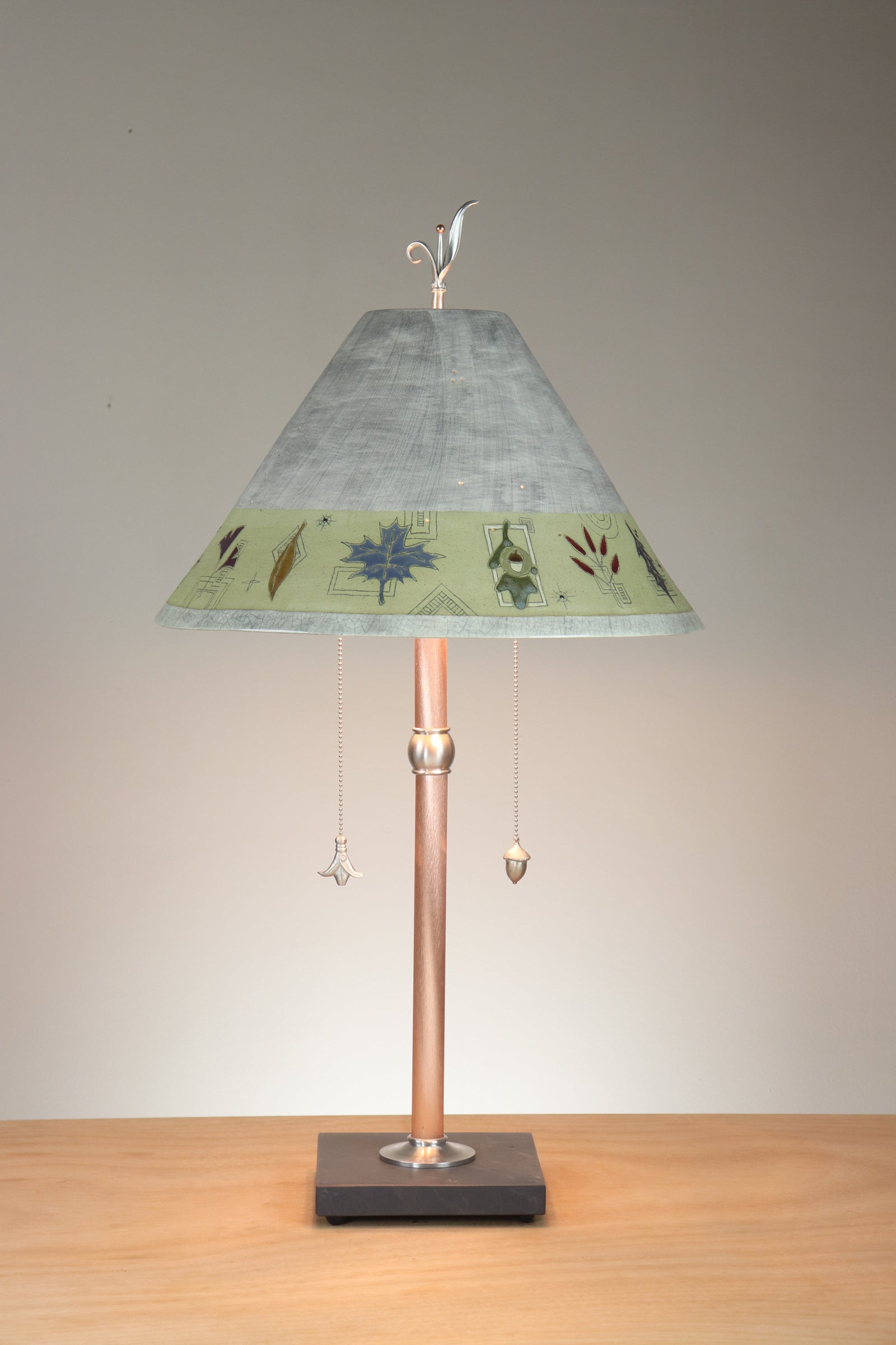 Janna Ugone & Co Copper Table Lamp with Large Conical Ceramic Shade in Leaf Border in Ash