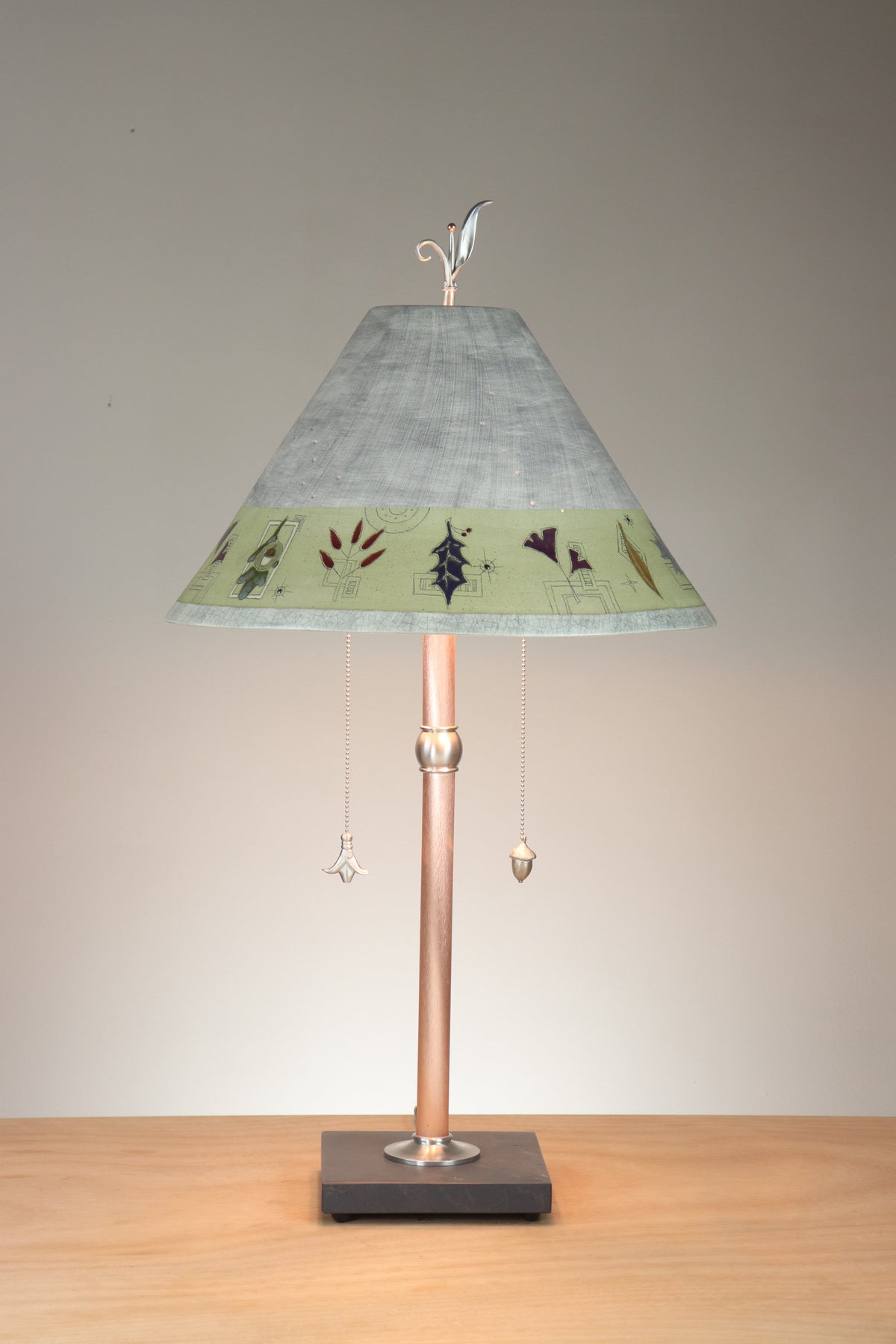 Janna Ugone &amp; Co Copper Table Lamp with Large Conical Ceramic Shade in Leaf Border in Ash