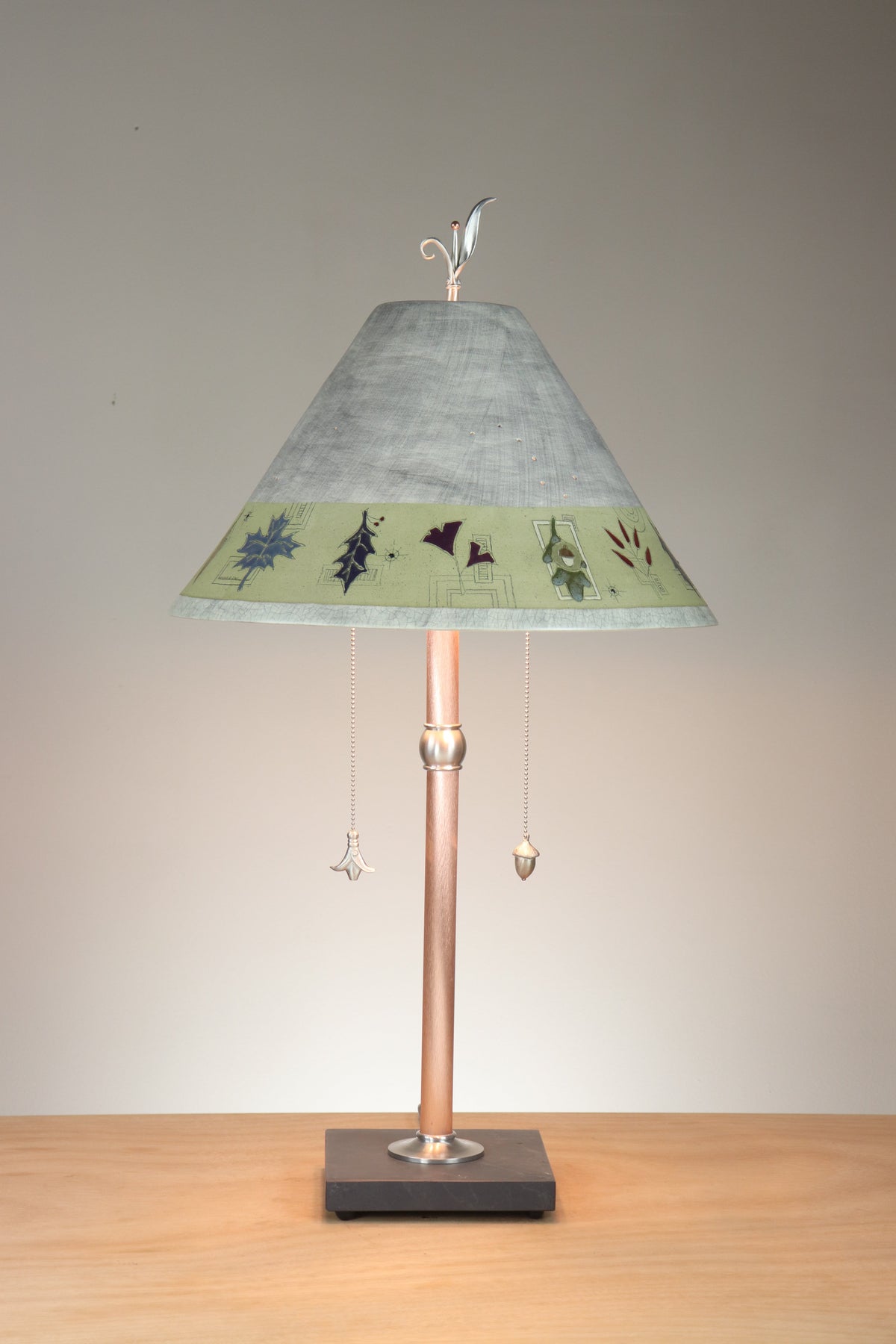 Janna Ugone &amp; Co Copper Table Lamp with Large Conical Ceramic Shade in Leaf Border in Ash