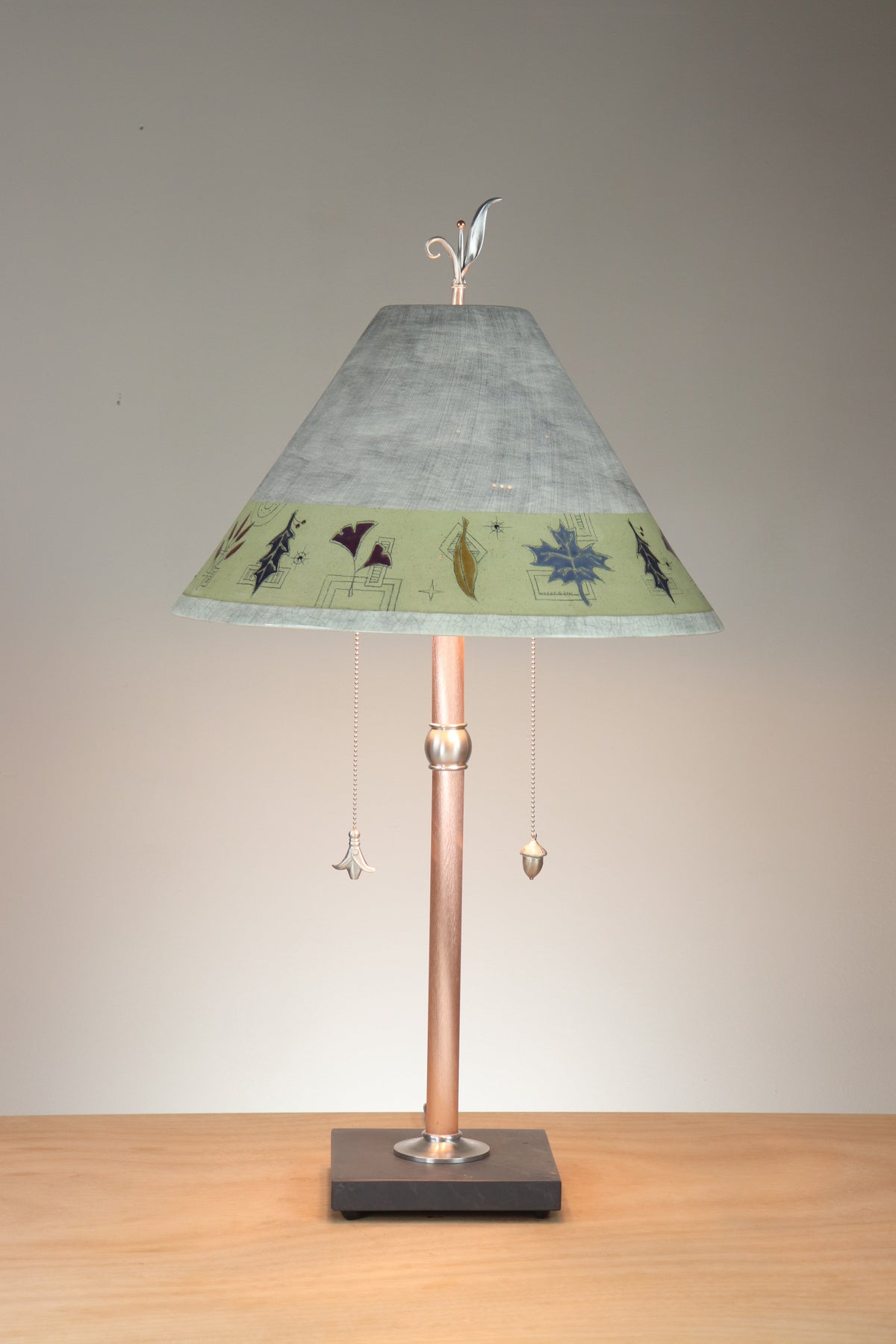 Janna Ugone &amp; Co Copper Table Lamp with Large Conical Ceramic Shade in Leaf Border in Ash