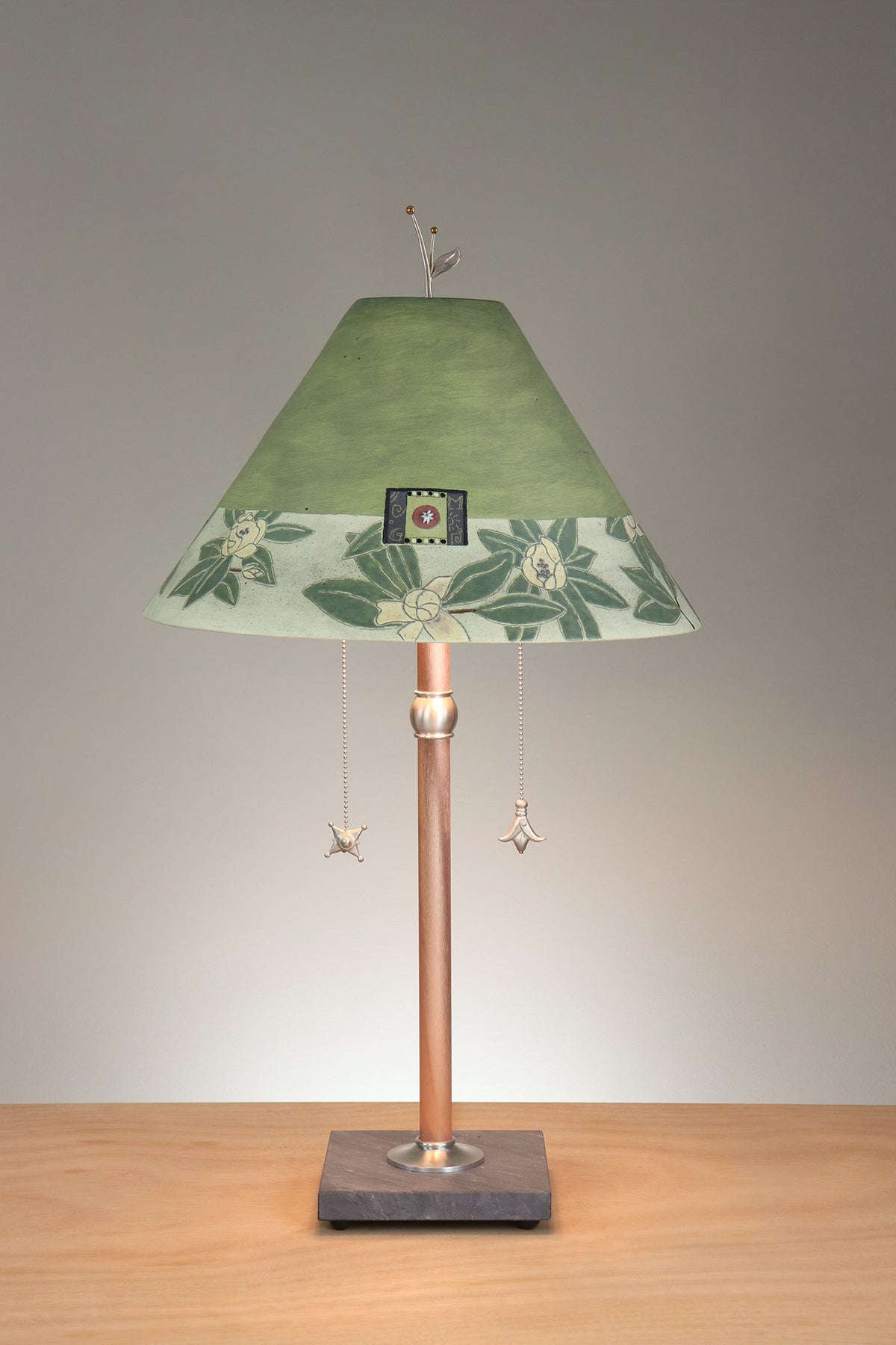 Janna Ugone &amp; Co Floor Lamp Copper Table Lamp with Large Conical Ceramic Shade in Magnolia in Dusty Lime