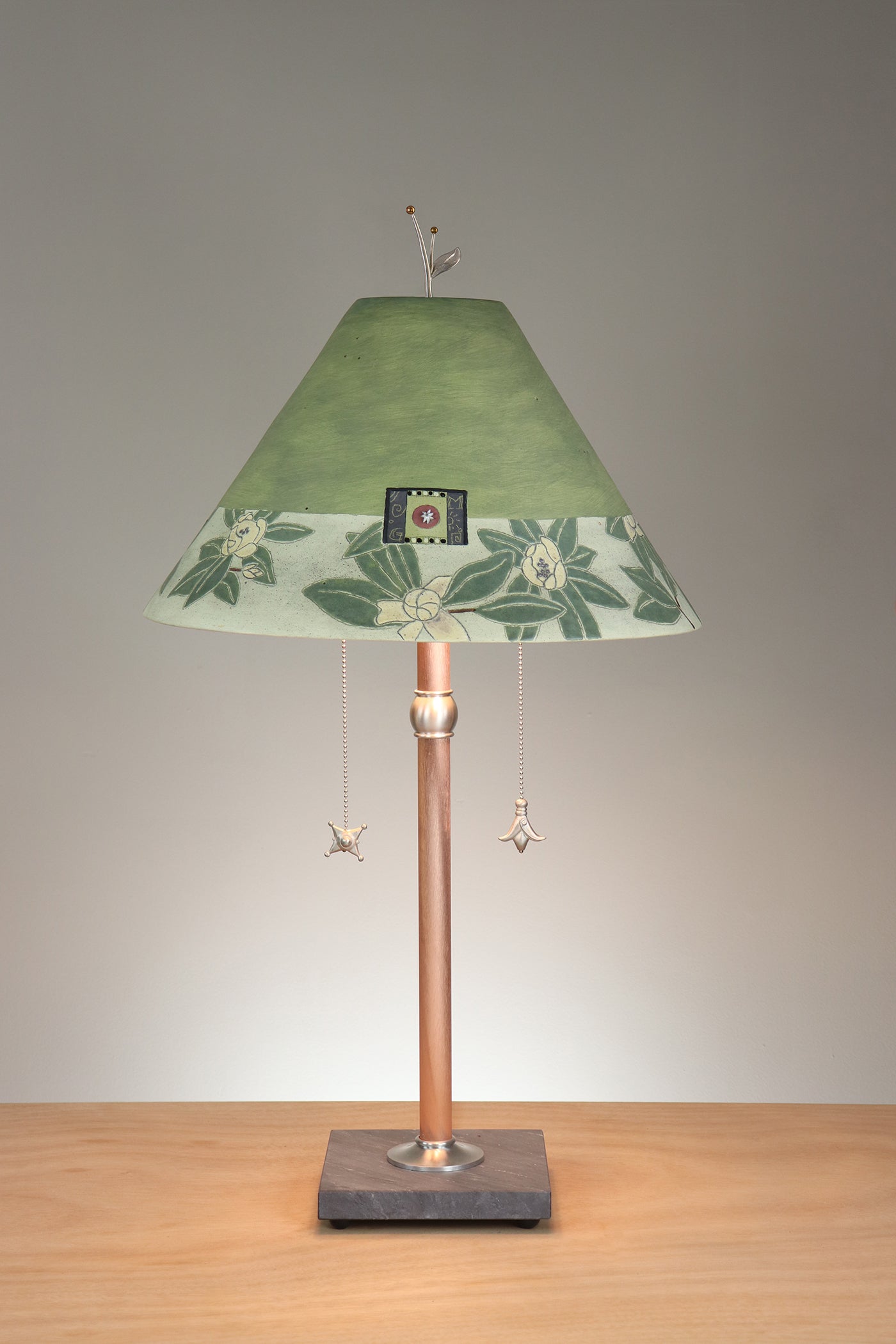 Janna Ugone & Co Floor Lamp Copper Table Lamp with Large Conical Ceramic Shade in Magnolia in Dusty Lime