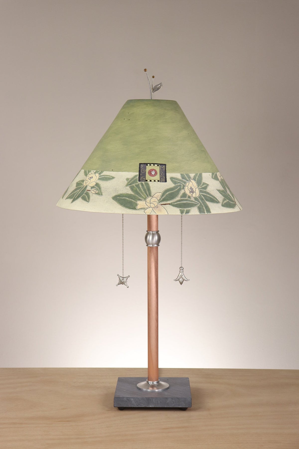 Janna Ugone &amp; Co Floor Lamp Copper Table Lamp with Large Conical Ceramic Shade in Magnolia in Dusty Lime