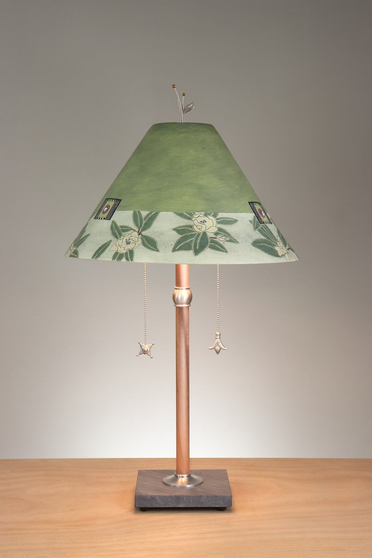 Janna Ugone &amp; Co Floor Lamp Copper Table Lamp with Large Conical Ceramic Shade in Magnolia in Dusty Lime