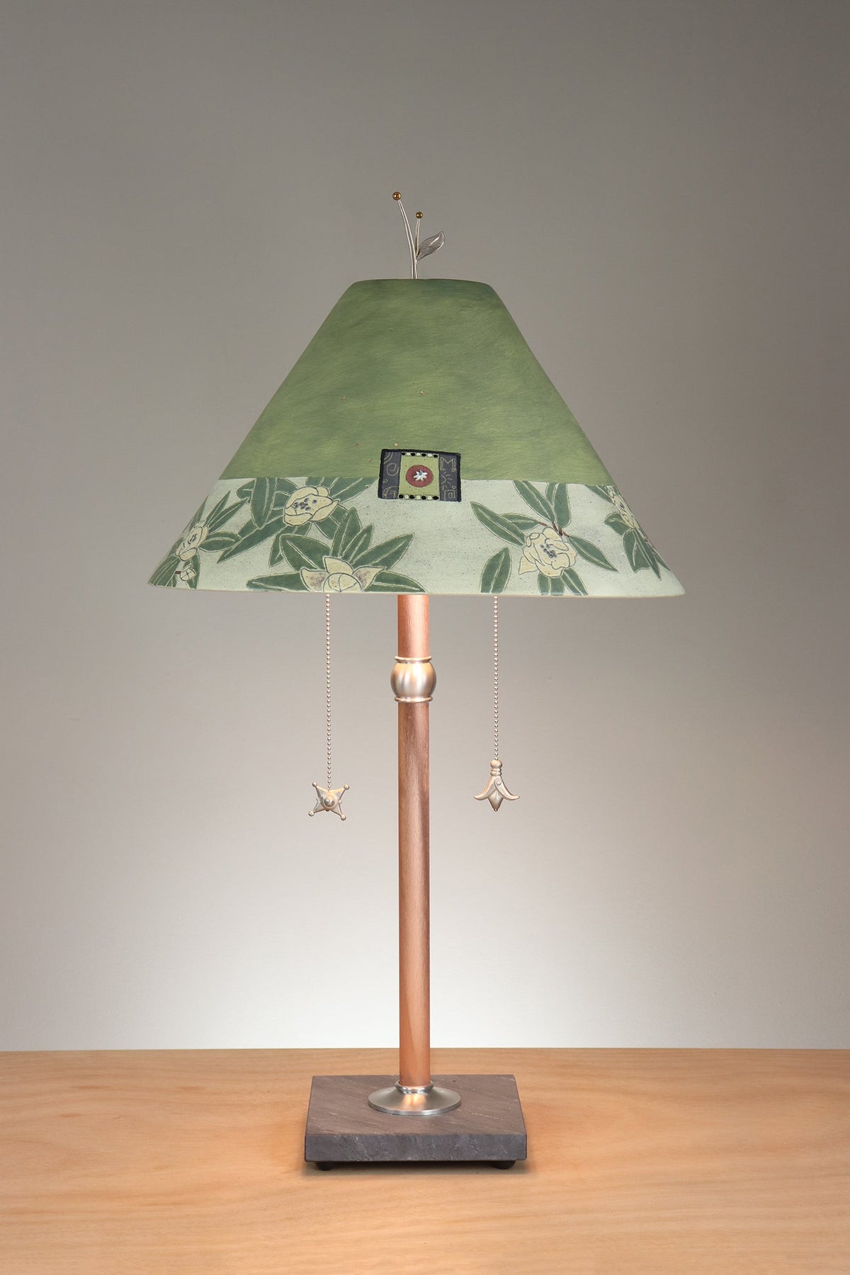 Janna Ugone &amp; Co Floor Lamp Copper Table Lamp with Large Conical Ceramic Shade in Magnolia in Dusty Lime