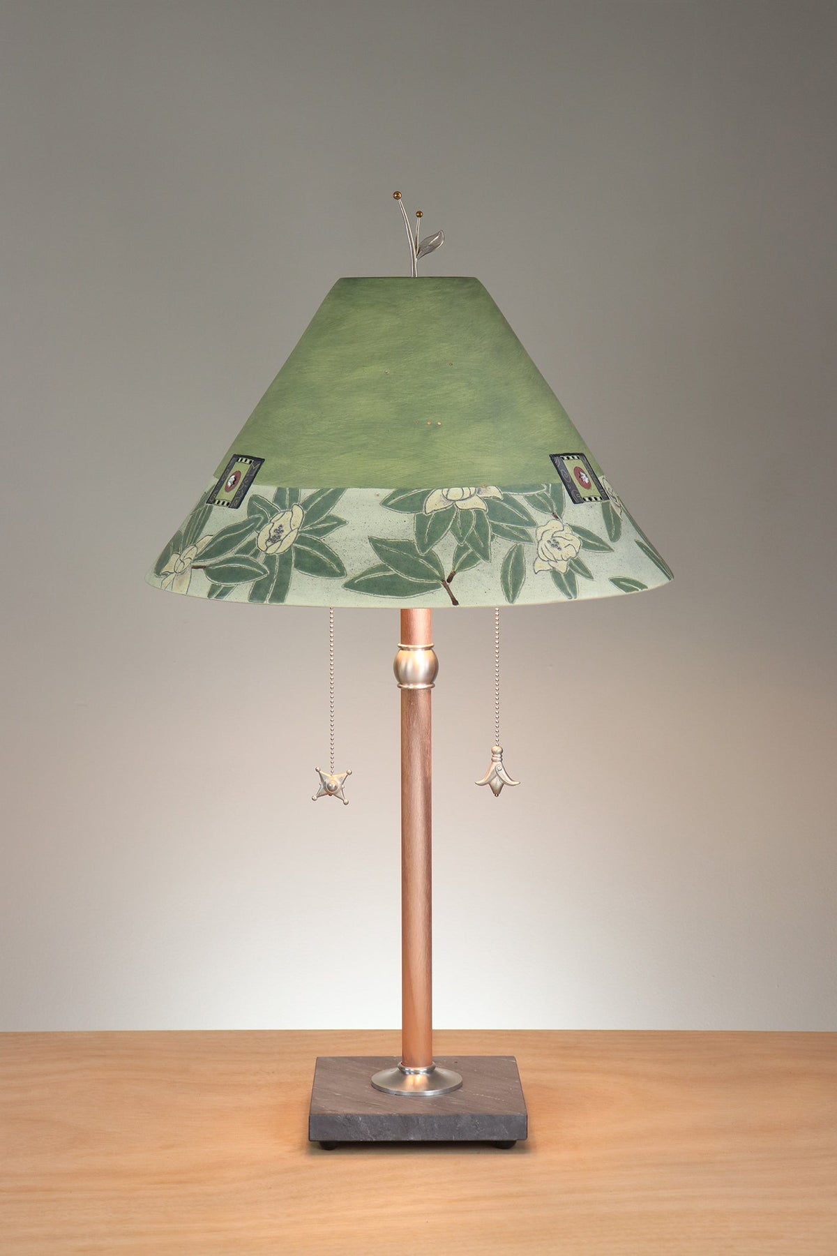 Janna Ugone &amp; Co Floor Lamp Copper Table Lamp with Large Conical Ceramic Shade in Magnolia in Dusty Lime