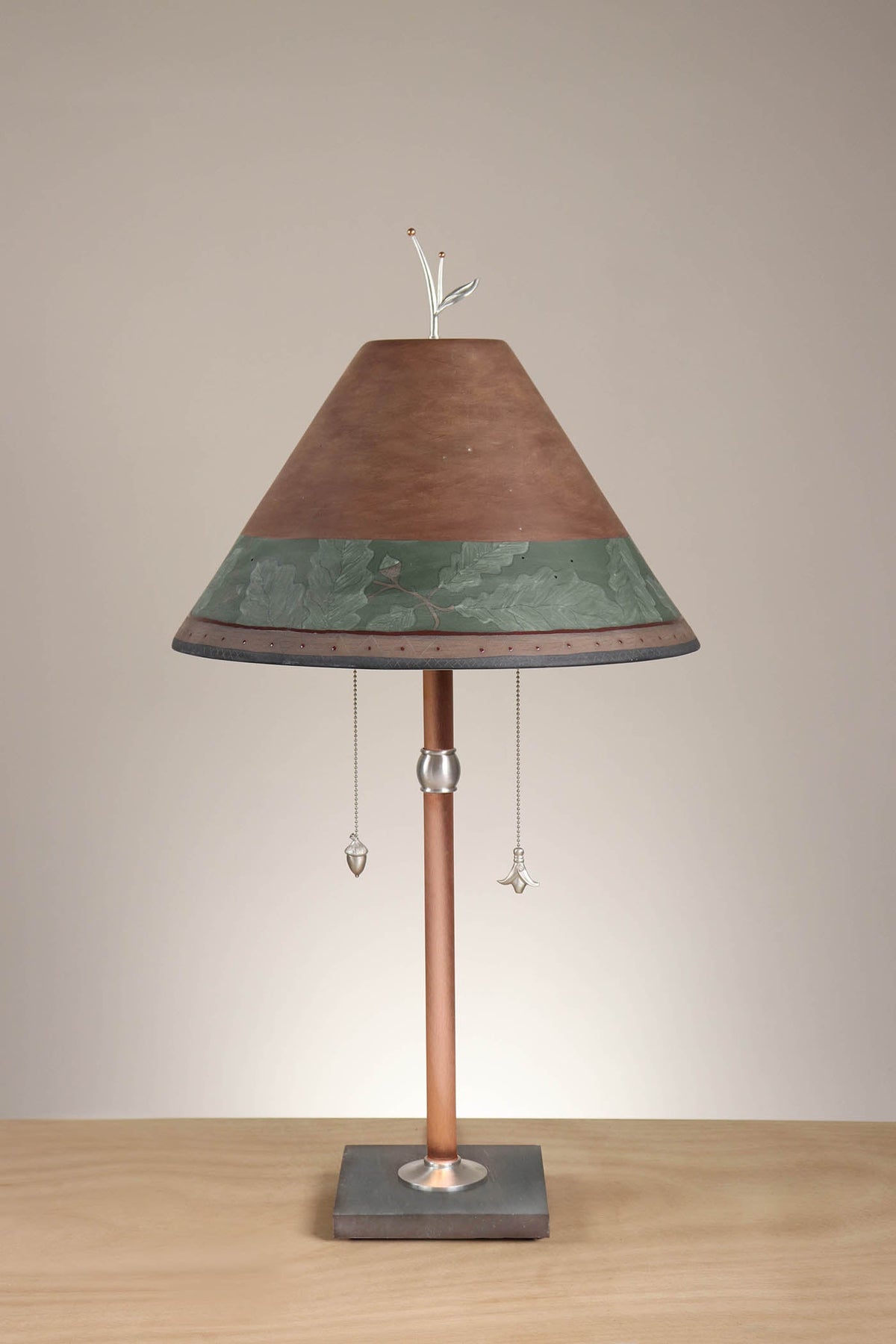 Janna Ugone &amp; Co Floor Lamp Copper Table Lamp with Large Conical Ceramic Shade in Oak Border in Olive-Rust