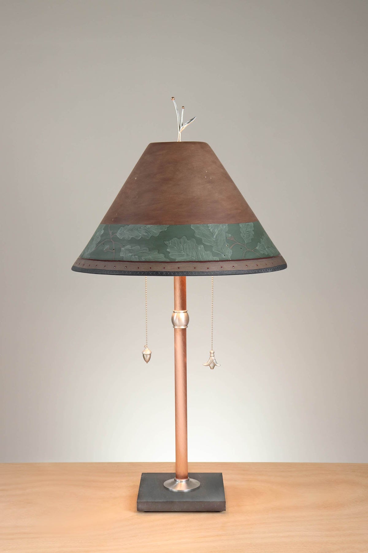 Janna Ugone &amp; Co Floor Lamp Copper Table Lamp with Large Conical Ceramic Shade in Oak Border in Olive-Rust