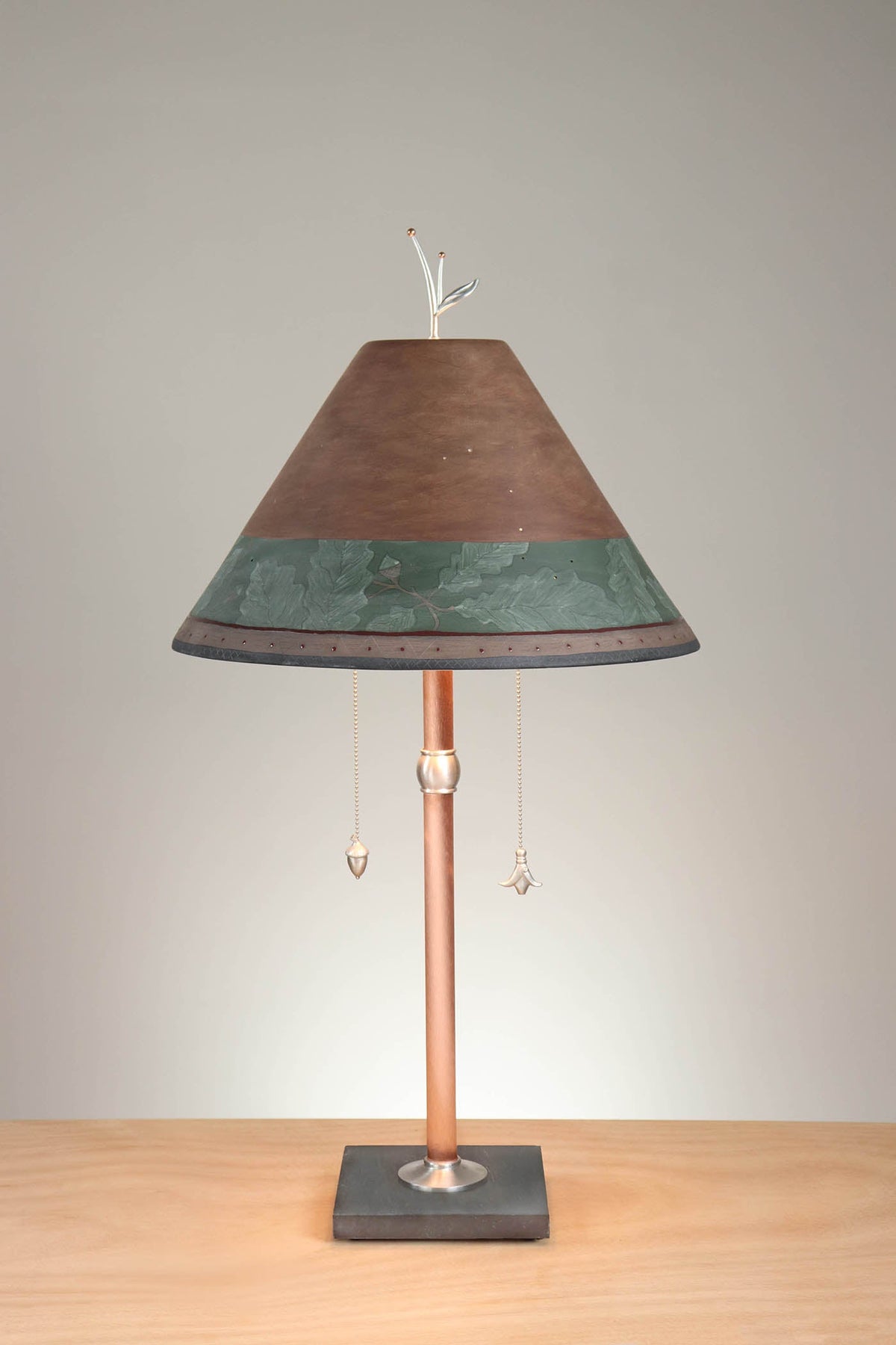 Janna Ugone &amp; Co Floor Lamp Copper Table Lamp with Large Conical Ceramic Shade in Oak Border in Olive-Rust