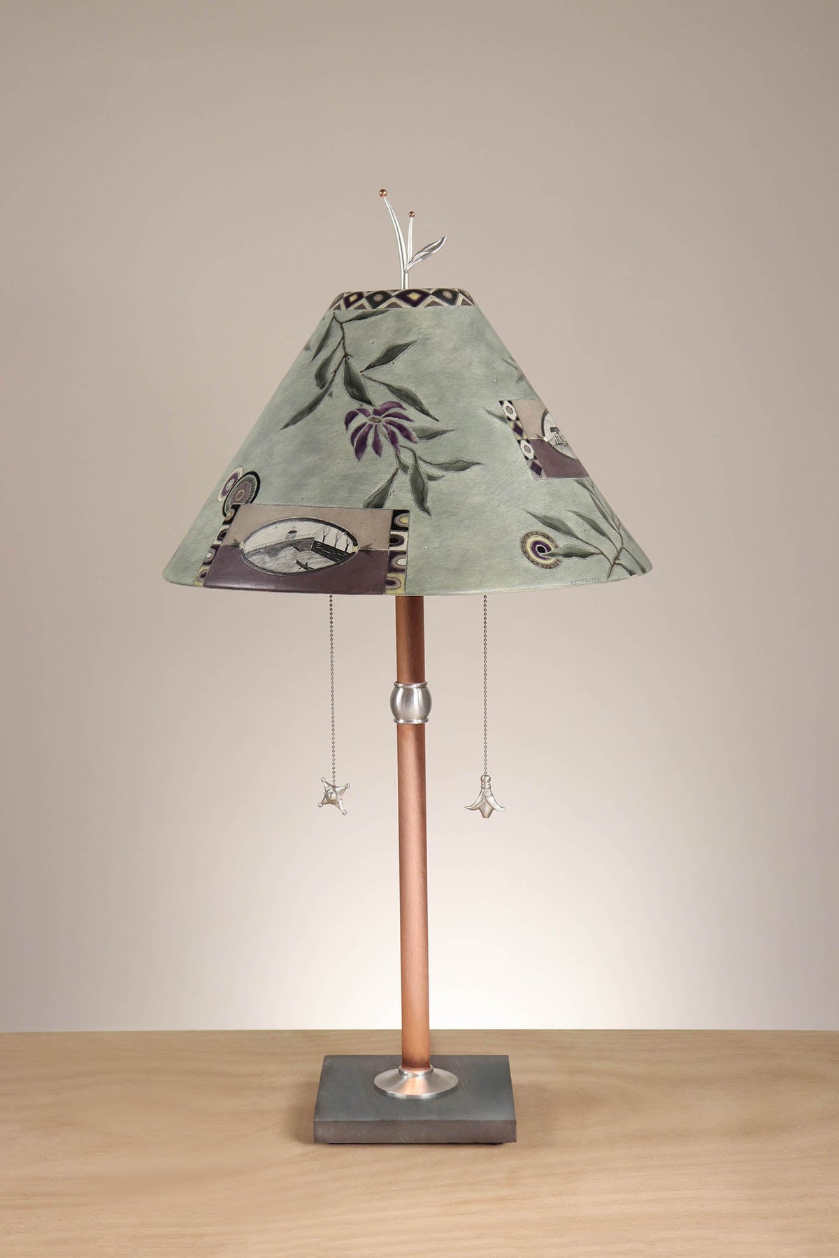 Janna Ugone &amp; Co Floor Lamp Copper Table Lamp with Large Conical Ceramic Shade in Photos in Asters and Sage