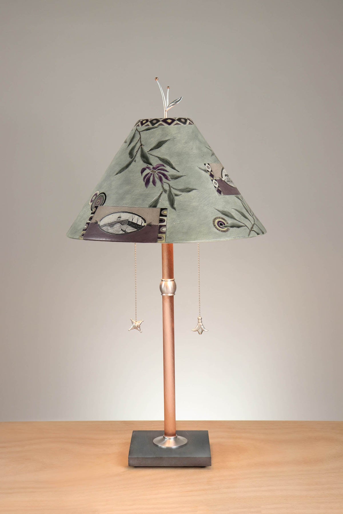 Janna Ugone &amp; Co Floor Lamp Copper Table Lamp with Large Conical Ceramic Shade in Photos in Asters and Sage