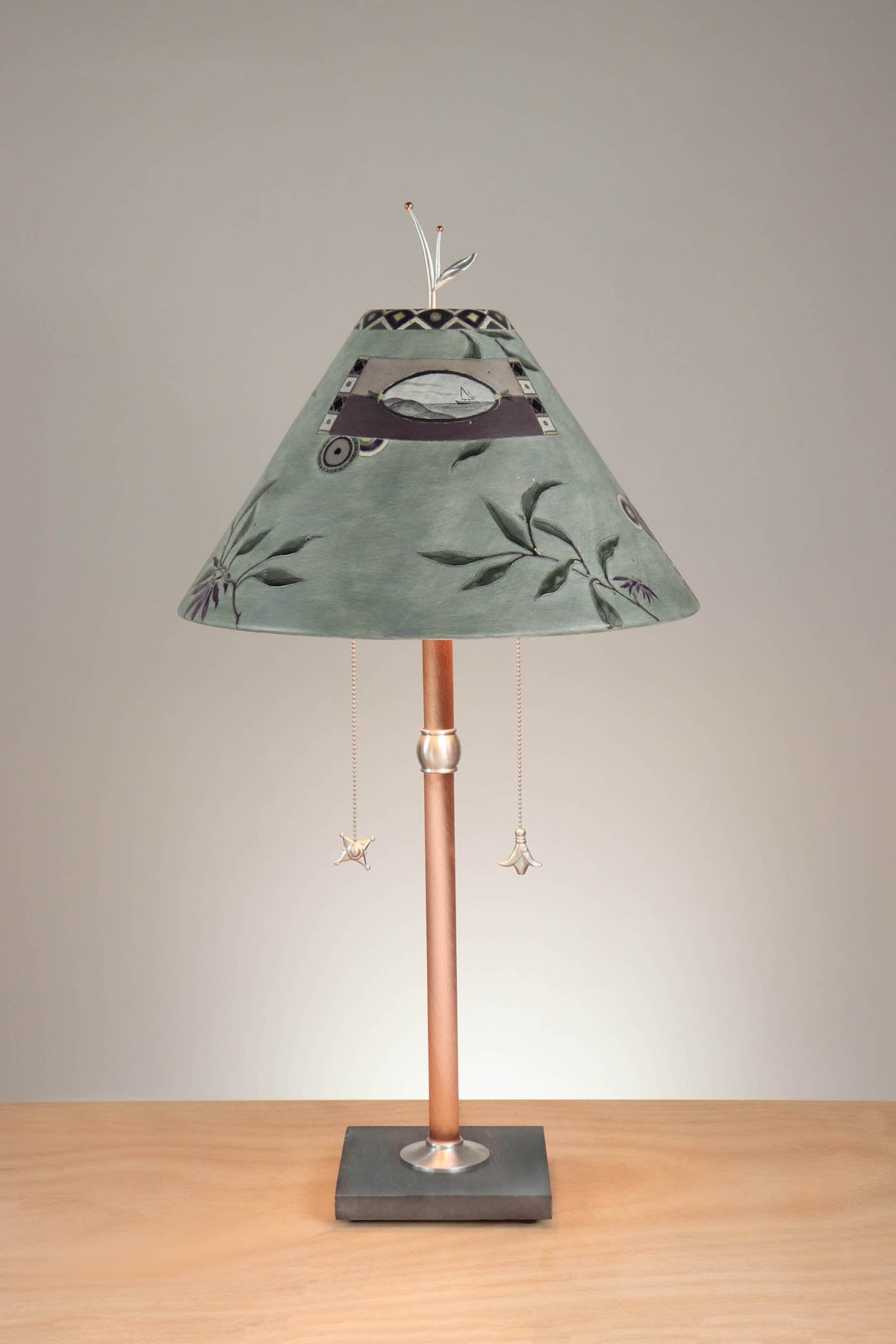 Janna Ugone &amp; Co Floor Lamp Copper Table Lamp with Large Conical Ceramic Shade in Photos in Asters and Sage