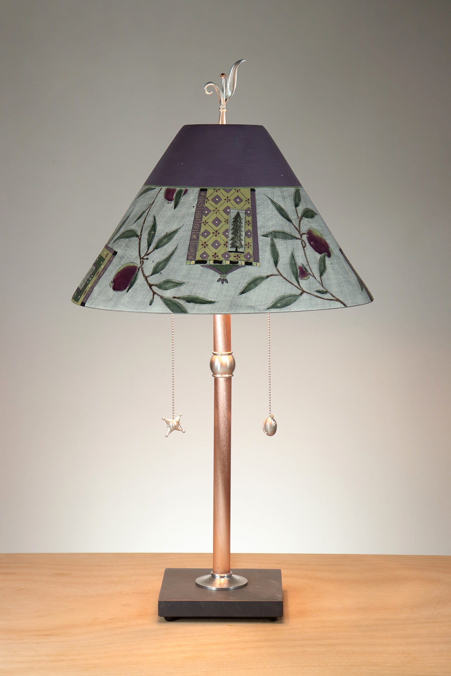 Janna Ugone & Co Copper Table Lamp with Large Conical Ceramic Shade in Tree Inset in Purple