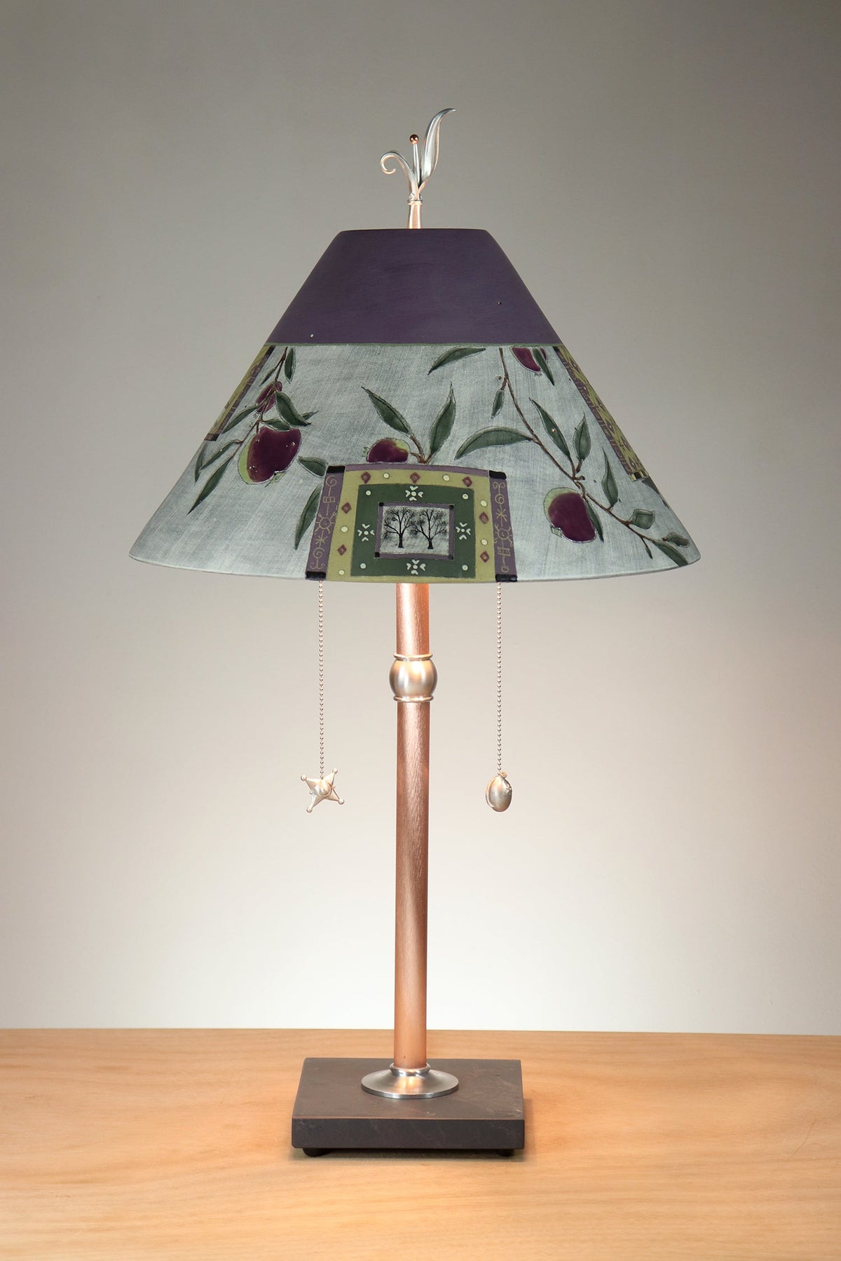 Janna Ugone &amp; Co Copper Table Lamp with Large Conical Ceramic Shade in Tree Inset in Purple