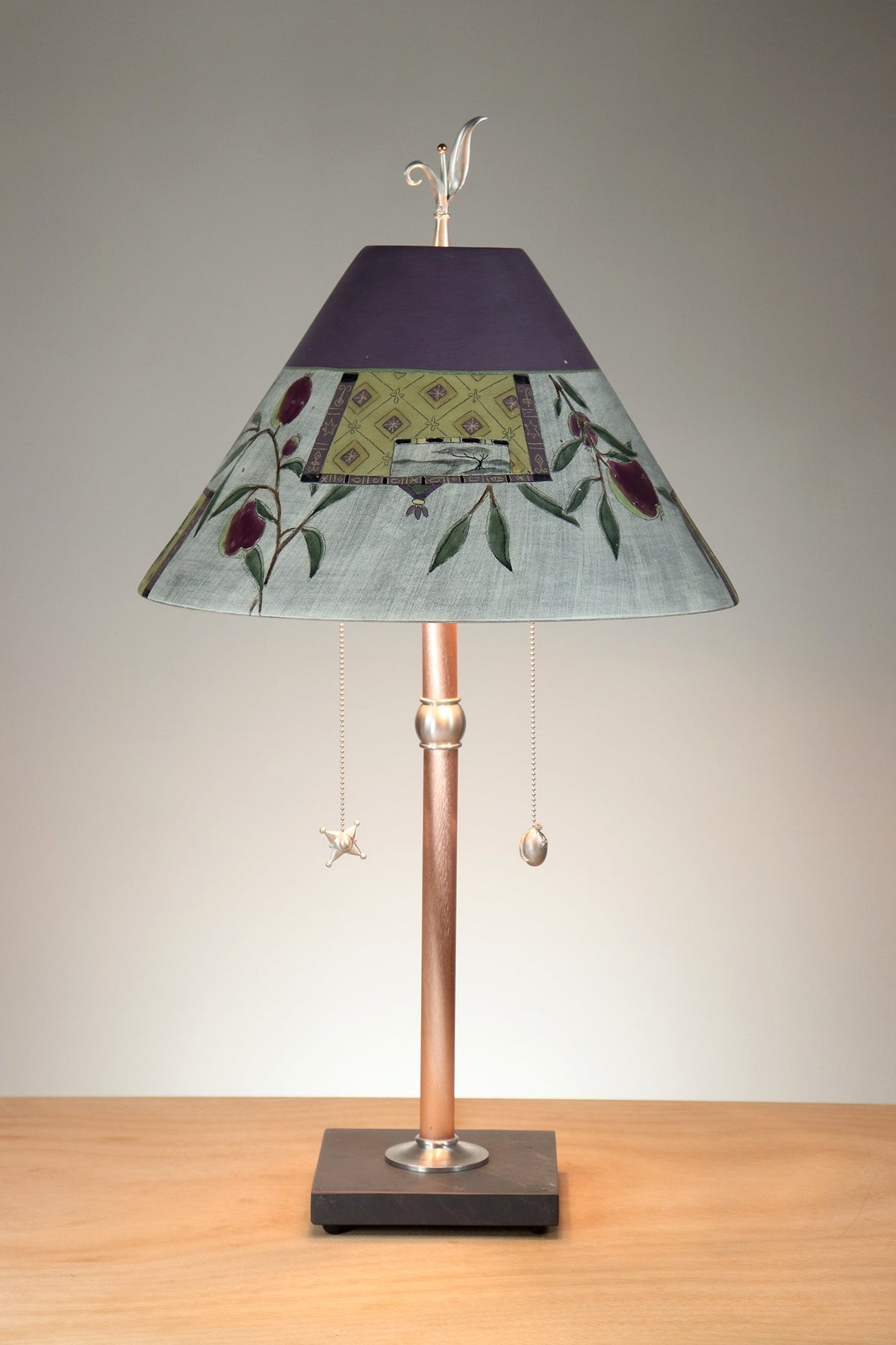 Janna Ugone &amp; Co Copper Table Lamp with Large Conical Ceramic Shade in Tree Inset in Purple