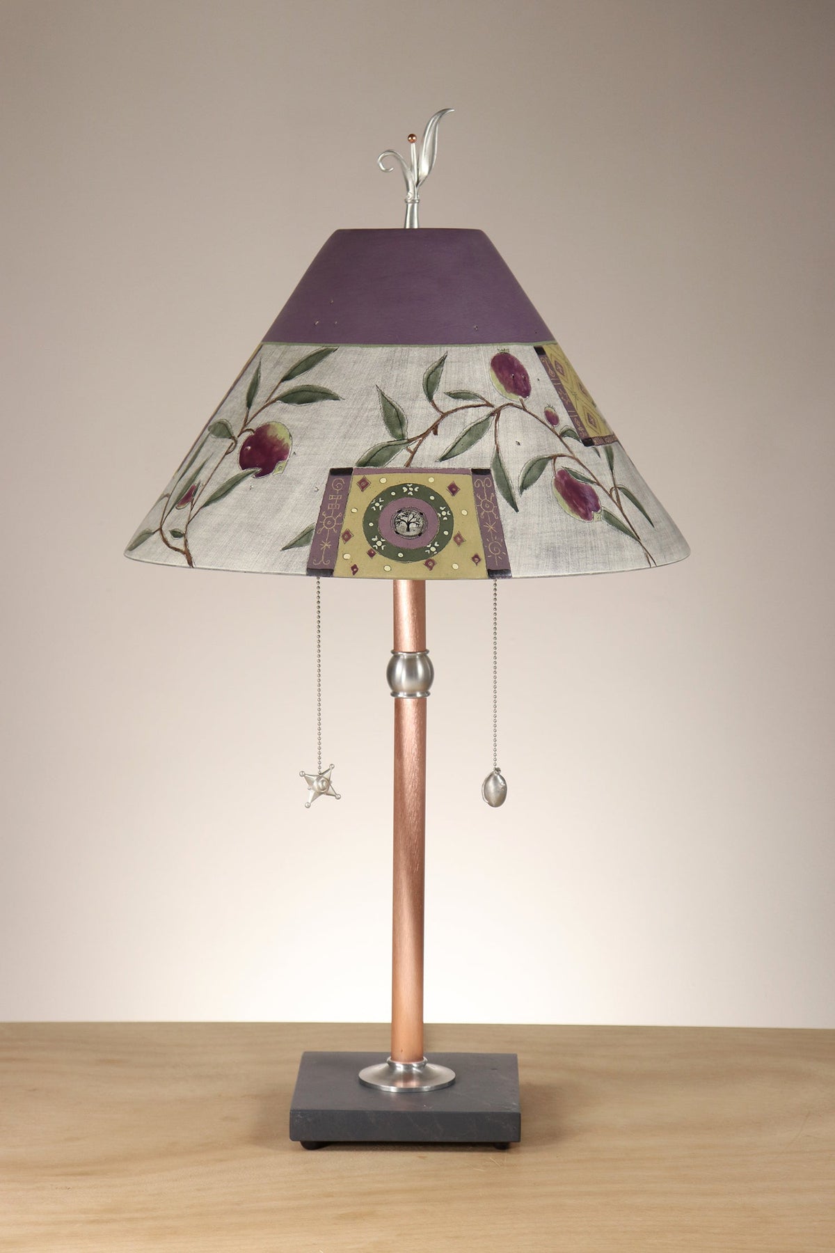 Janna Ugone &amp; Co Copper Table Lamp with Large Conical Ceramic Shade in Tree Inset in Purple