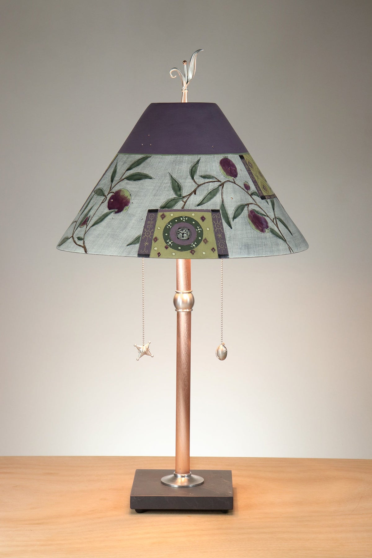 Janna Ugone &amp; Co Copper Table Lamp with Large Conical Ceramic Shade in Tree Inset in Purple