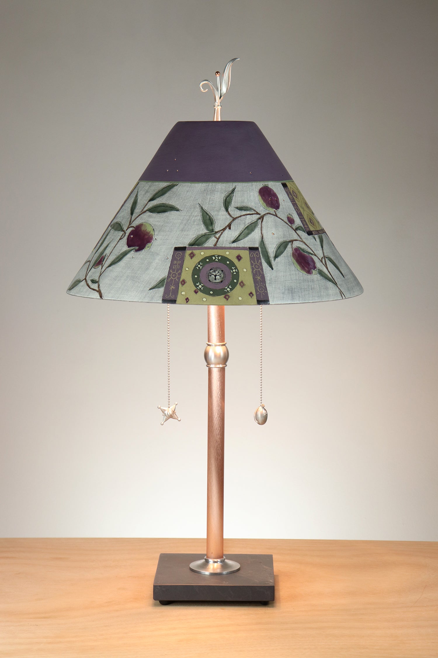 Janna Ugone & Co Copper Table Lamp with Large Conical Ceramic Shade in Tree Inset in Purple