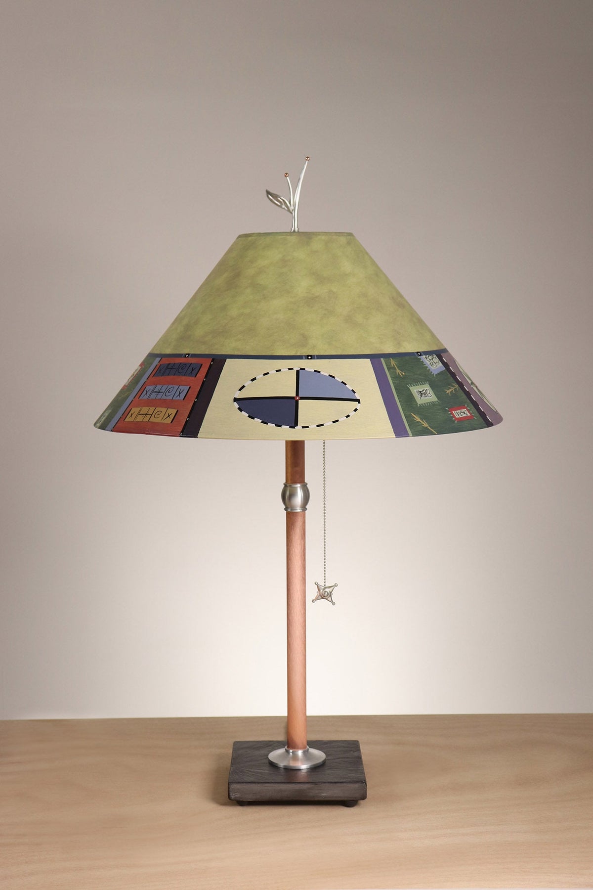 Janna Ugone &amp; Co Table Lamp Copper Table Lamp with Large Conical Shade in Barcelona Border in Dusty Lime