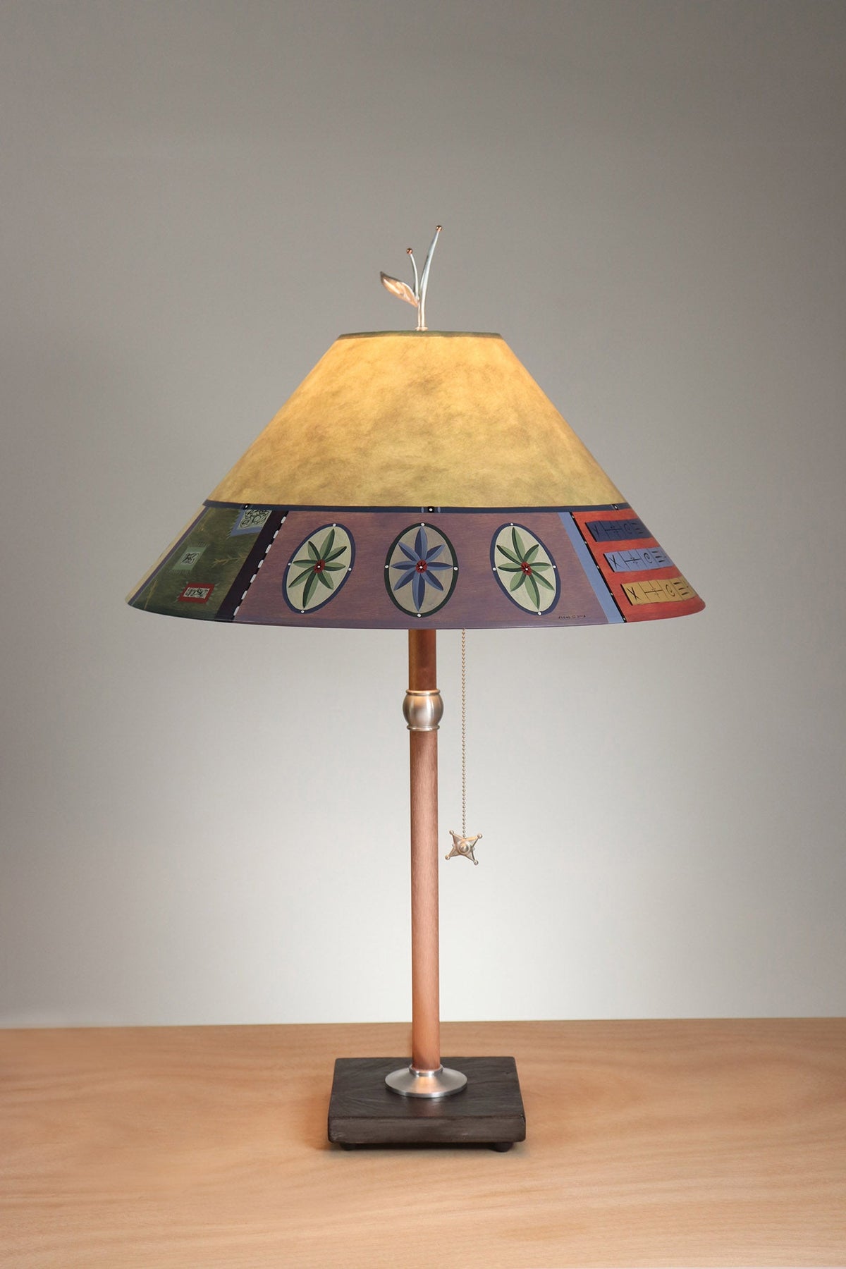 Janna Ugone &amp; Co Table Lamp Copper Table Lamp with Large Conical Shade in Barcelona Border in Dusty Lime