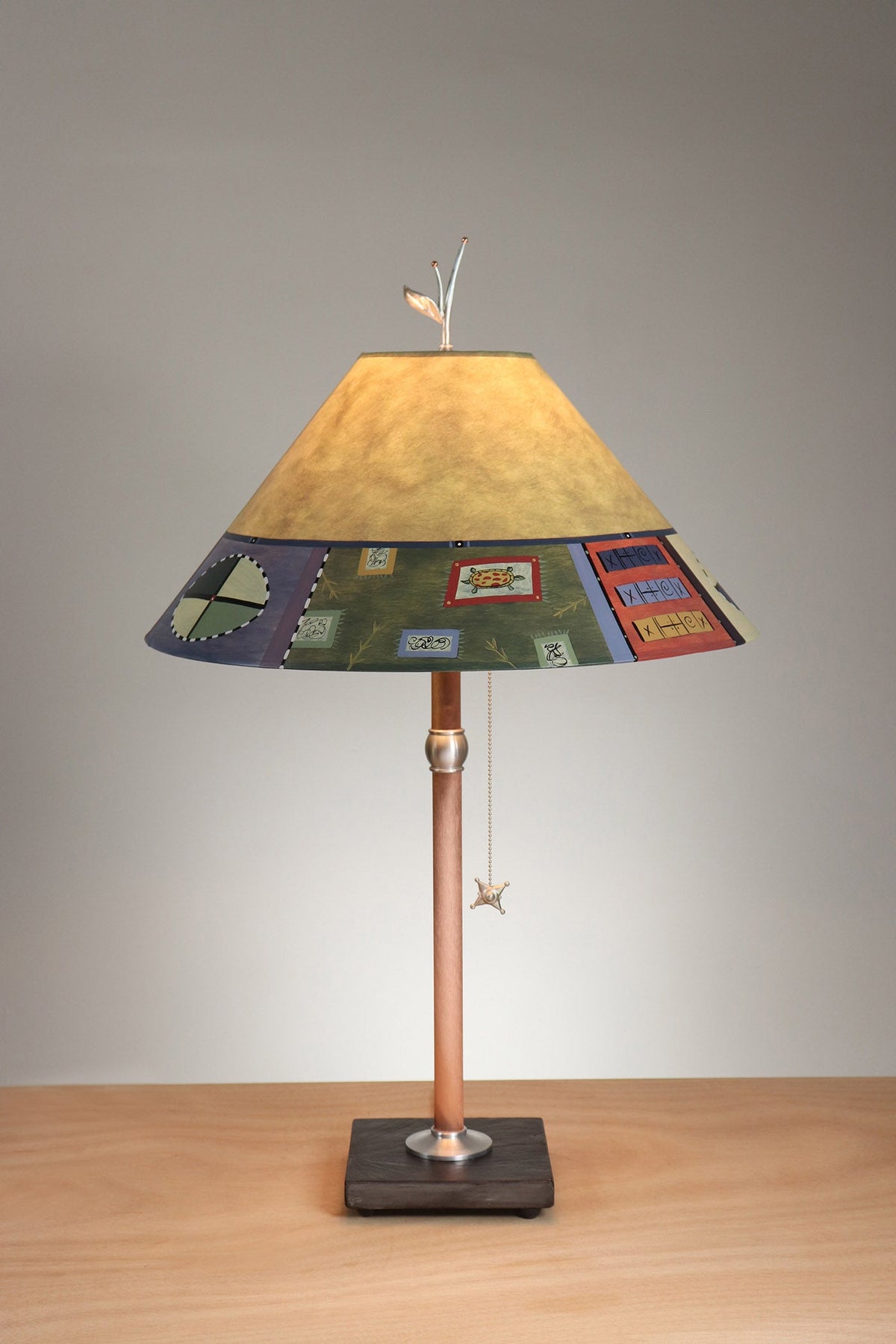 Janna Ugone &amp; Co Table Lamp Copper Table Lamp with Large Conical Shade in Barcelona Border in Dusty Lime