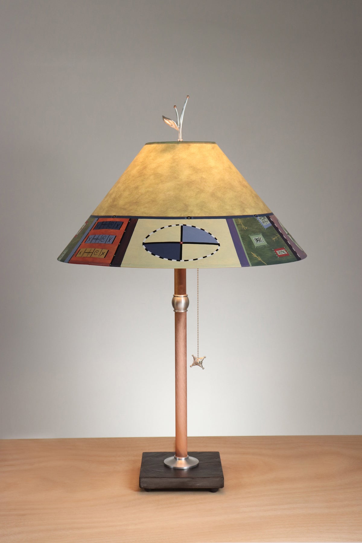 Janna Ugone &amp; Co Table Lamp Copper Table Lamp with Large Conical Shade in Barcelona Border in Dusty Lime