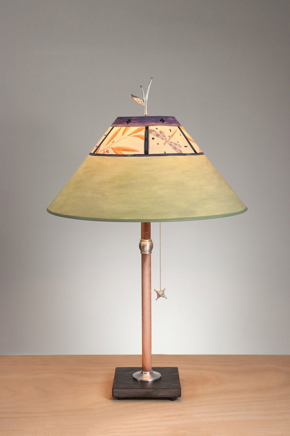 Janna Ugone &amp; Co Table Lamp Copper Table Lamp with Large Conical Shade in Bee in Kiwi