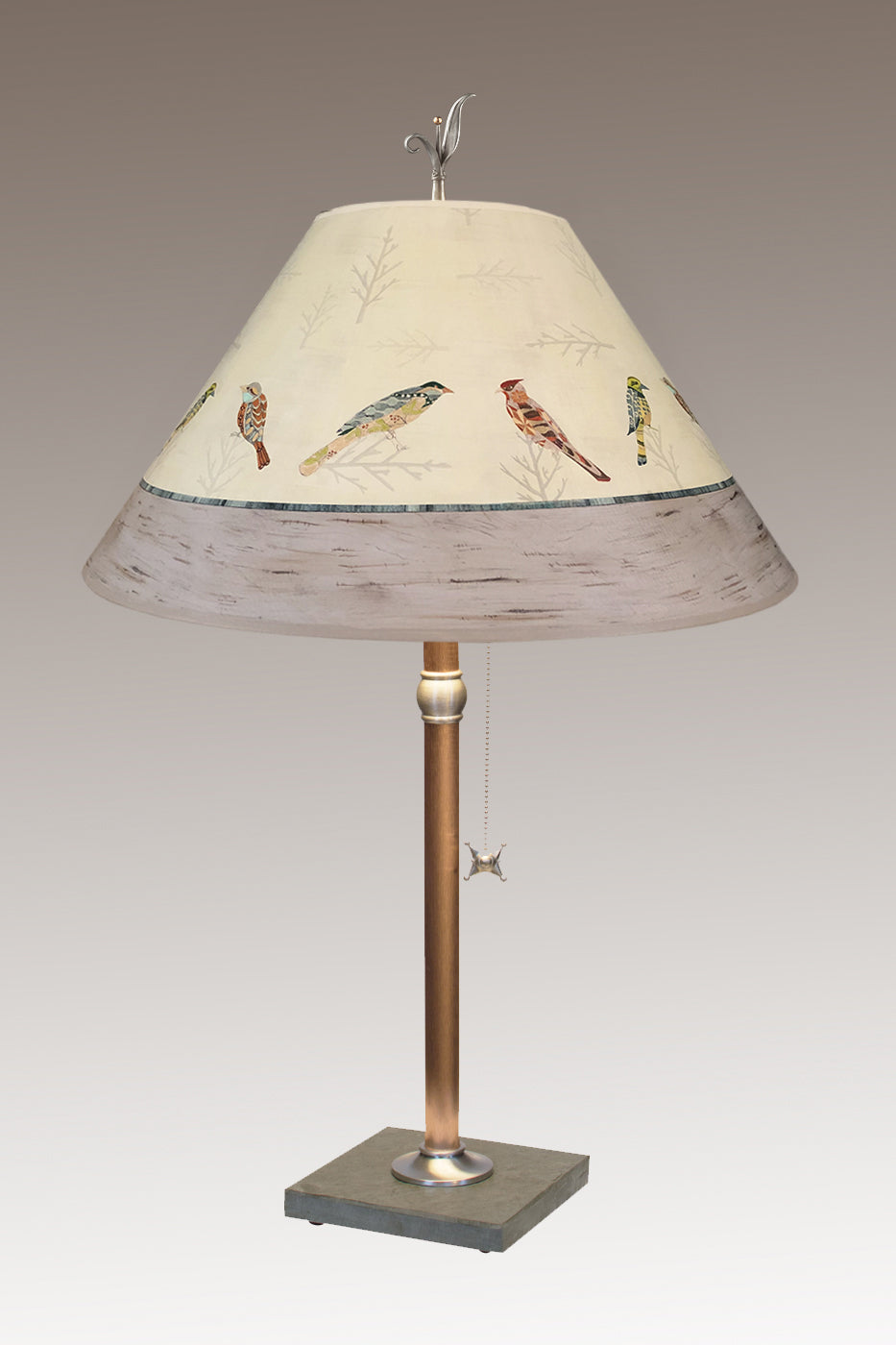 Janna Ugone &amp; Co Table Lamps Copper Table Lamp with Large Conical Shade in Bird Friends
