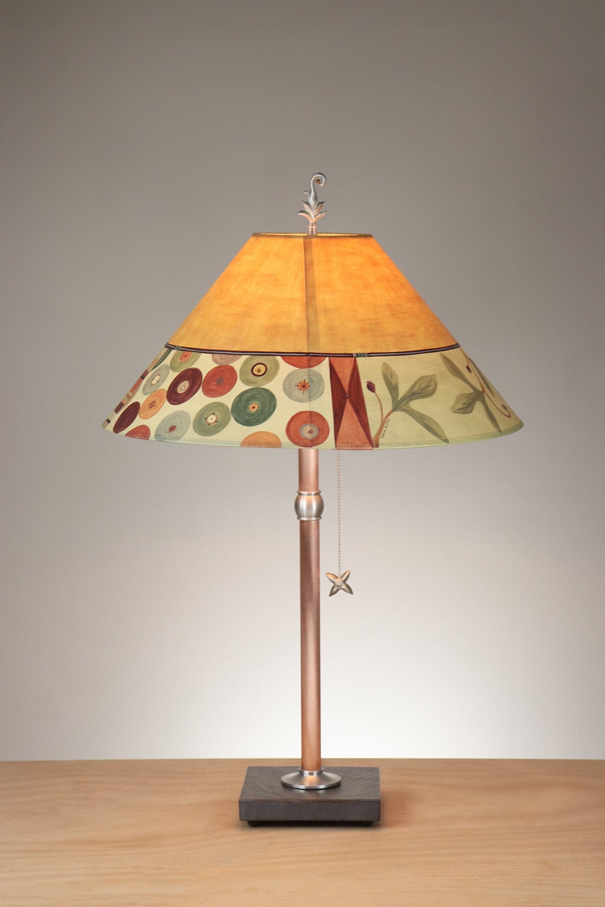 Janna Ugone &amp; Co Table Lamp Copper Table Lamp with Large Conical Shade in Button Collage in Amber
