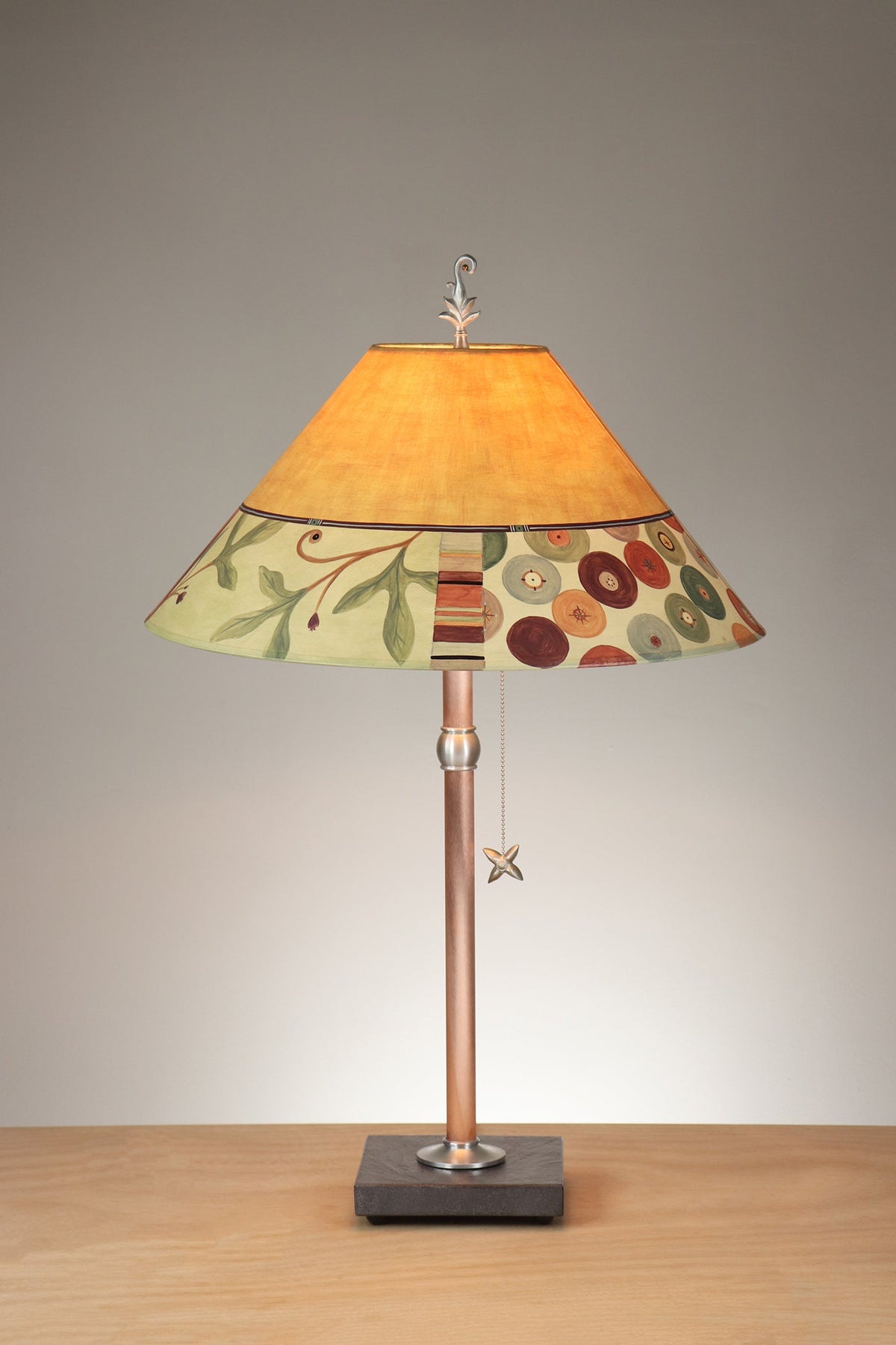 Janna Ugone &amp; Co Table Lamp Copper Table Lamp with Large Conical Shade in Button Collage in Amber