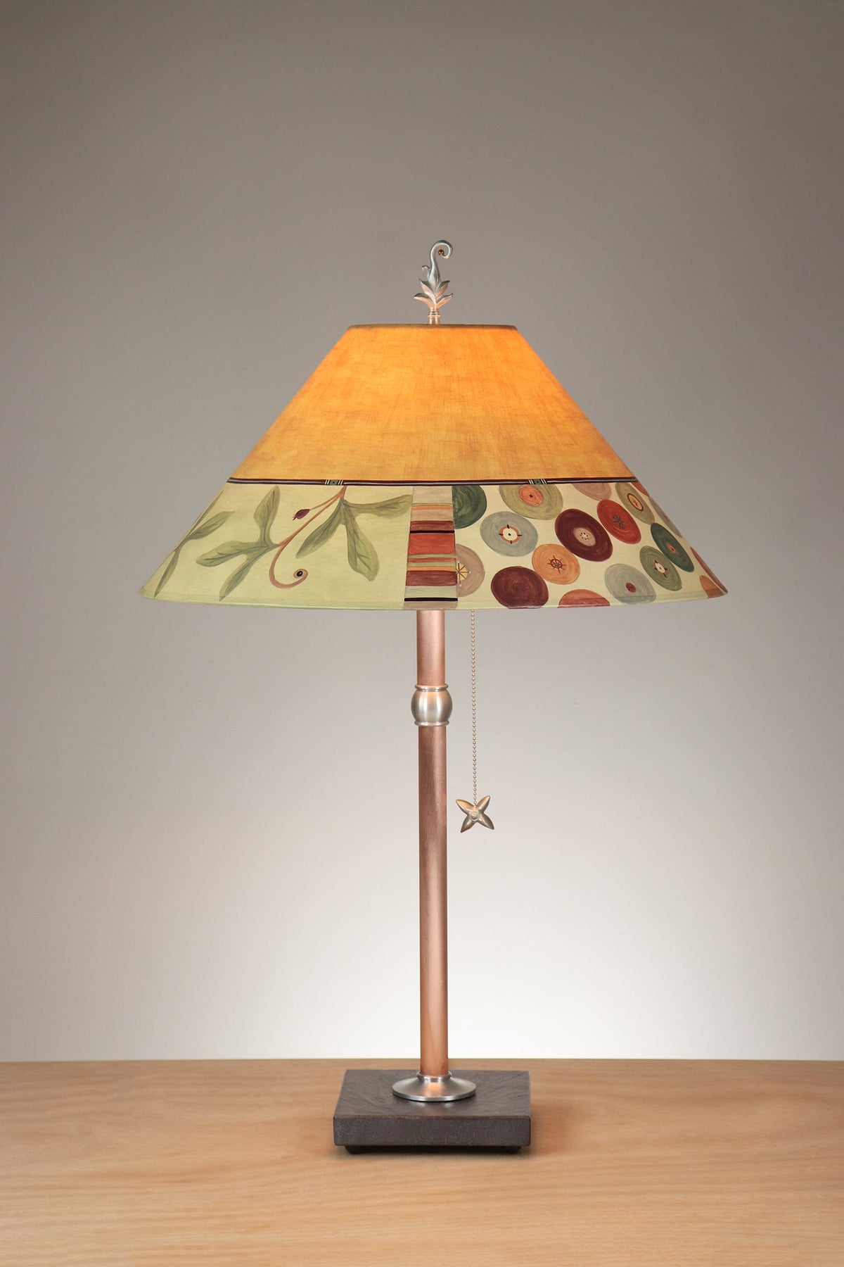 Janna Ugone &amp; Co Table Lamp Copper Table Lamp with Large Conical Shade in Button Collage in Amber