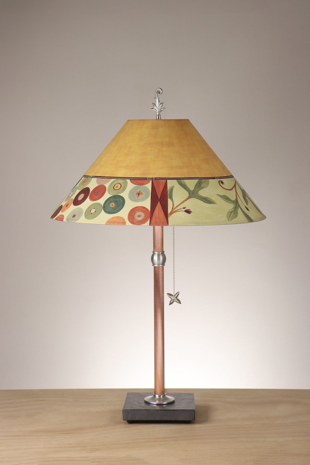 Janna Ugone &amp; Co Table Lamp Copper Table Lamp with Large Conical Shade in Button Collage in Amber