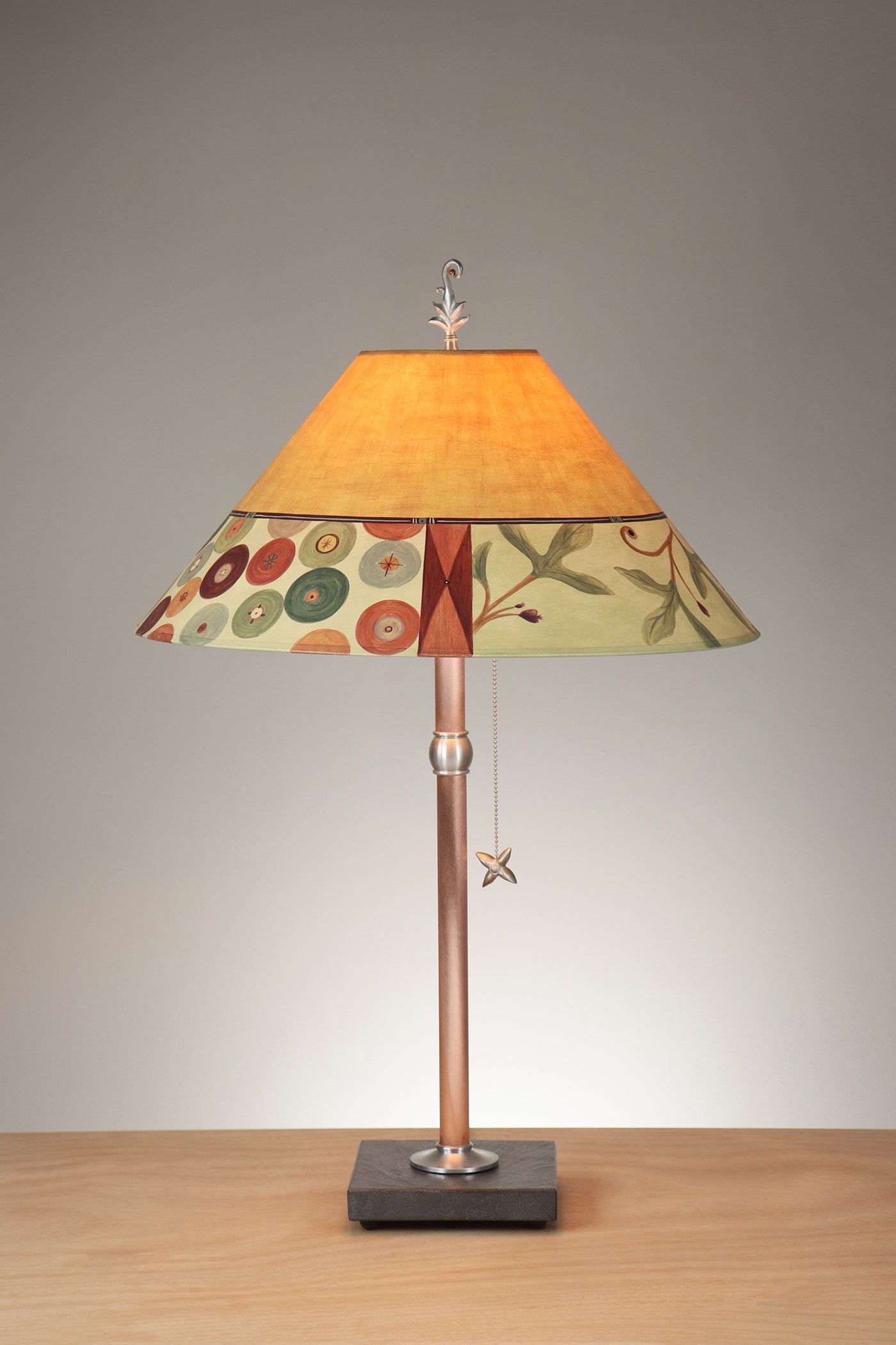 Janna Ugone & Co Table Lamp Copper Table Lamp with Large Conical Shade in Button Collage in Amber