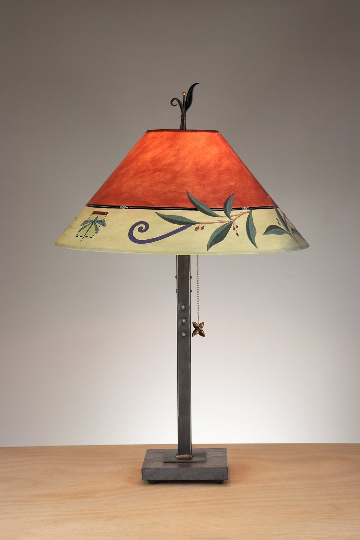 Janna Ugone &amp; Co Table Lamp Copper Table Lamp with Large Conical Shade in Capri Border in Redwood
