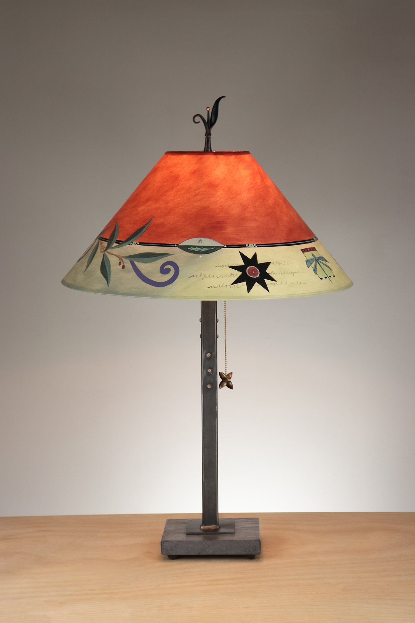 Janna Ugone & Co Table Lamp Copper Table Lamp with Large Conical Shade in Capri Border in Redwood